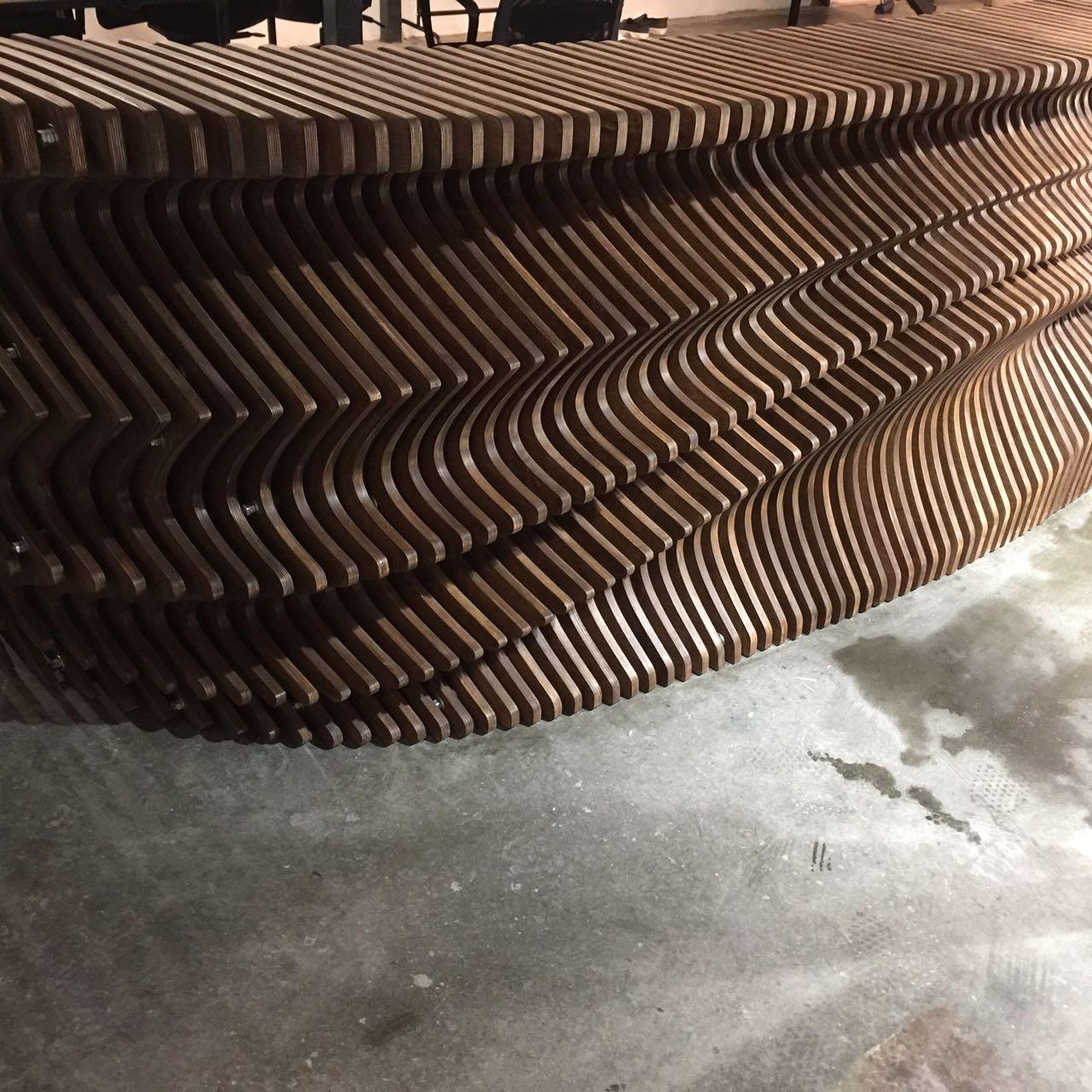 Futuristic Plywood Reception Desk - Parametric CNC-Cut Sculptural Furniture For Sale 4