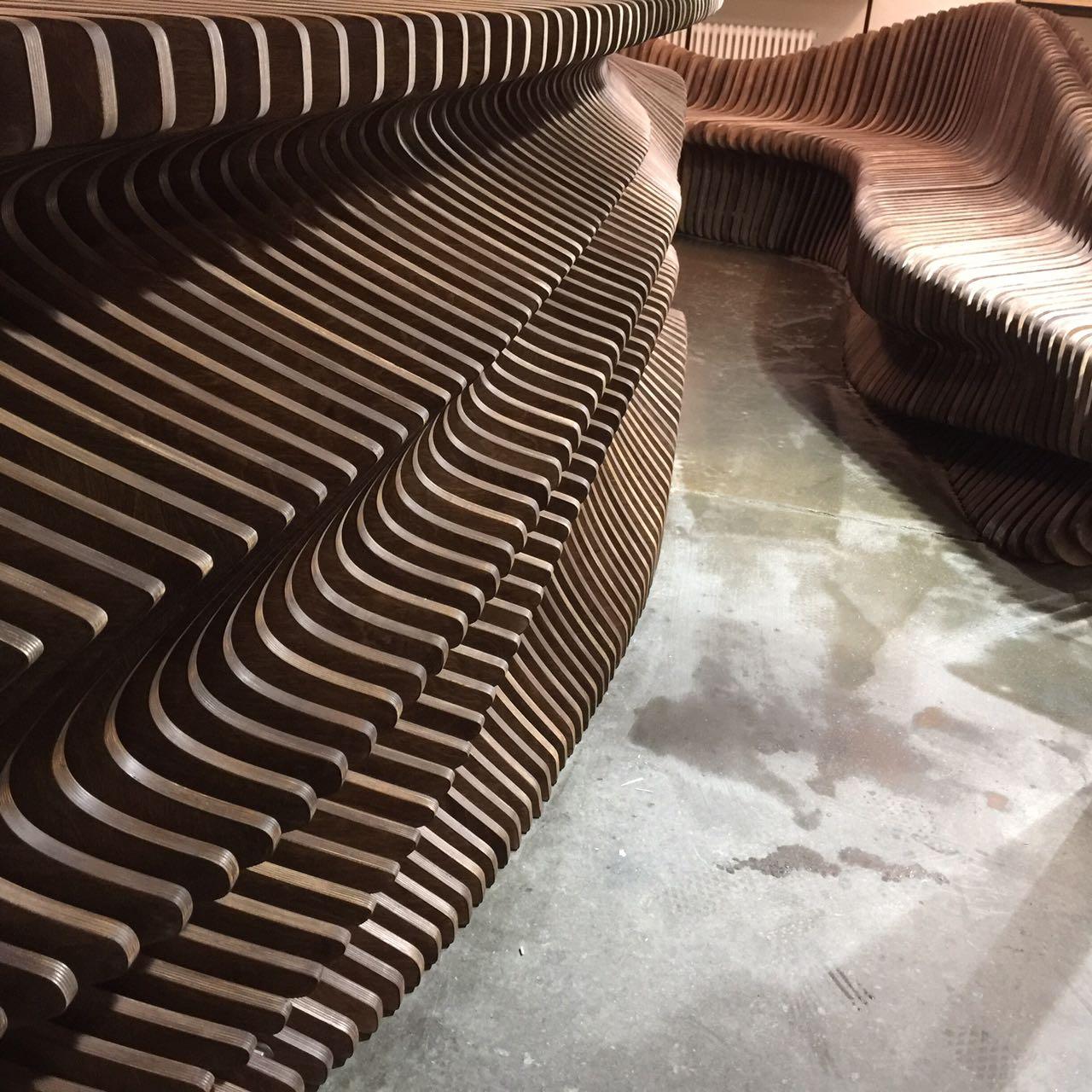 Futuristic Plywood Reception Desk - Parametric CNC-Cut Sculptural Furniture For Sale 5