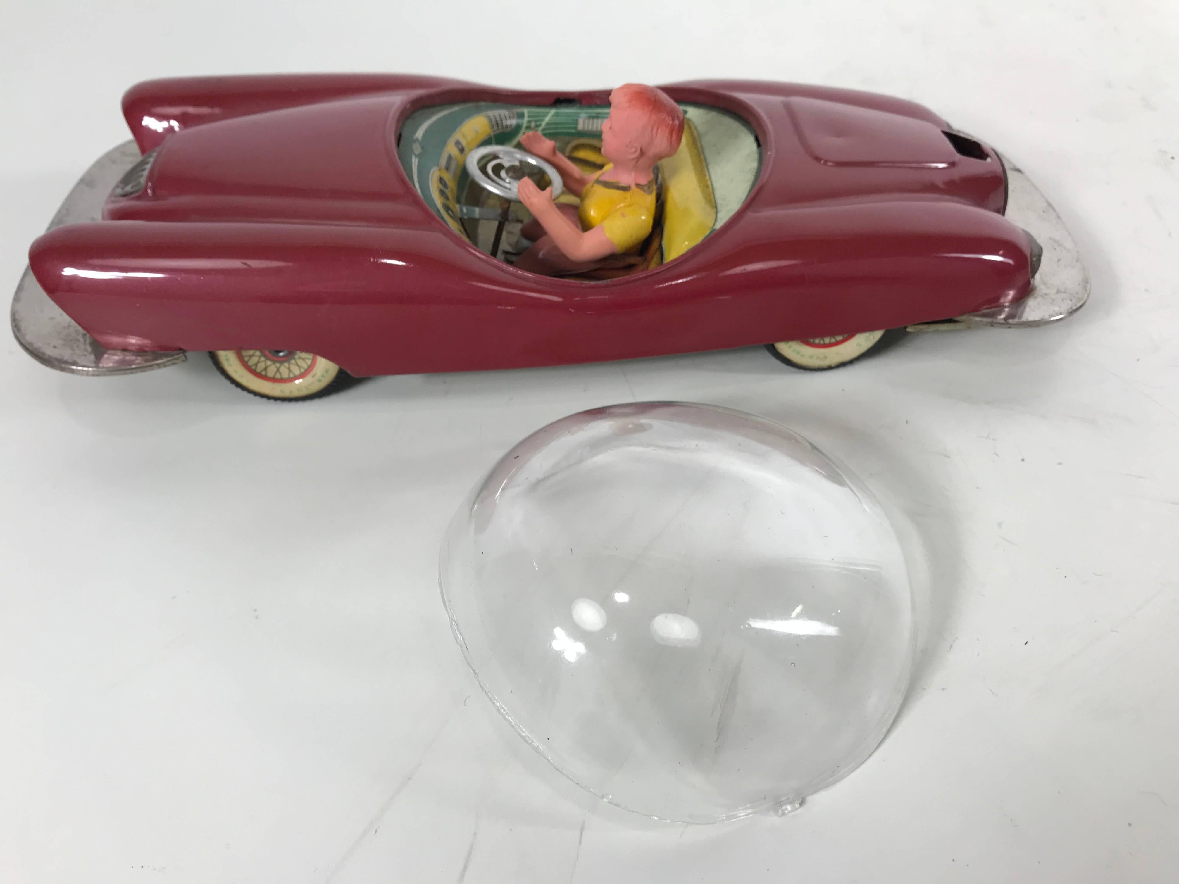 Mid-Century Modern Futuristic Roadster 1956 Japanese Tin Car Friction Toy by Line Mar