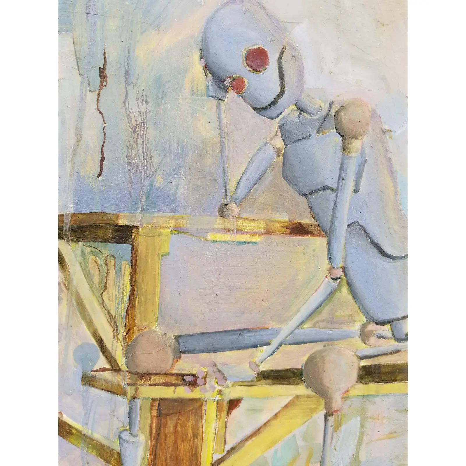 Original robot painting by California Artist Adam Beck. Interesting subject matter with contrasting futuristic robot working on Primitive work table and bench. Painted on wood board. Unsigned.