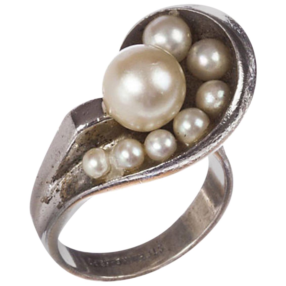 Futuristic Sterling Silver Cultured Pearl Ring For Sale