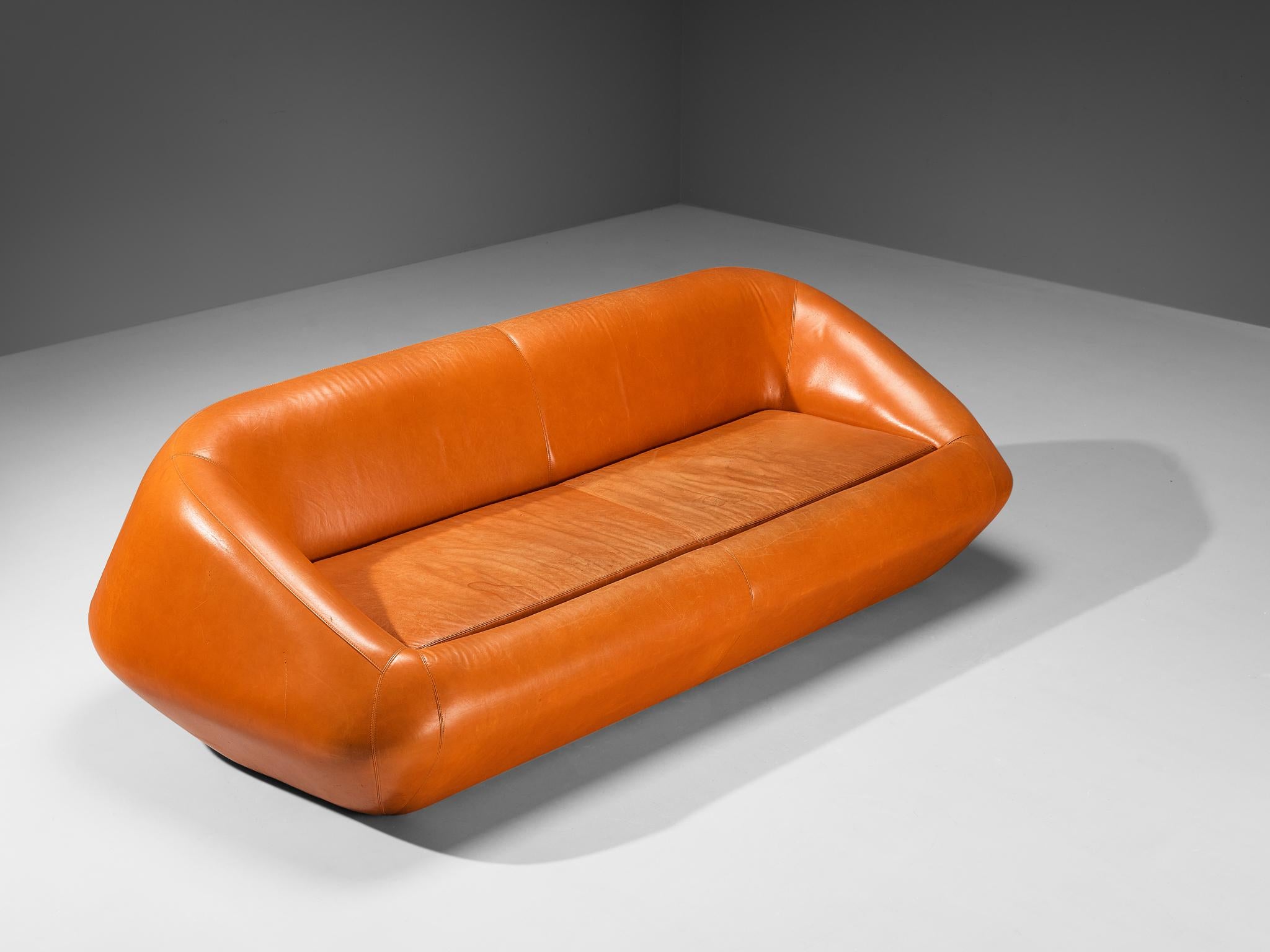 Three seat sofa, leather, Europe, 1970s
Exiting sofa design with strong Space Age characteristics. This sofa was made in Europe in the 1970s and clearly expresses the post-modern traits of that period in furniture design. Design in the seventies was