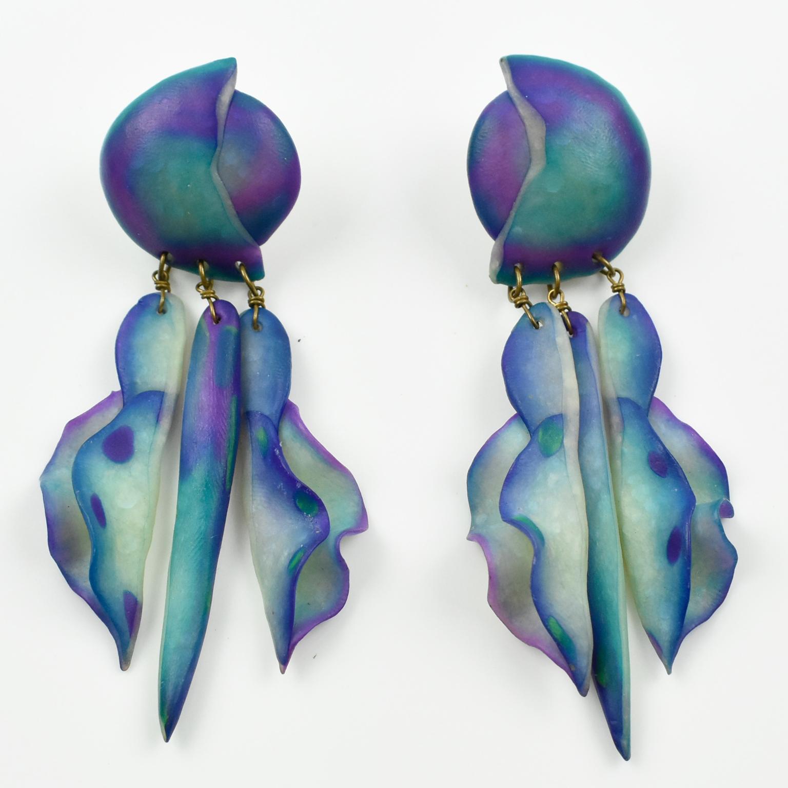 Modernist Futuristic Turquoise and Purple Resin Pierced Earrings For Sale