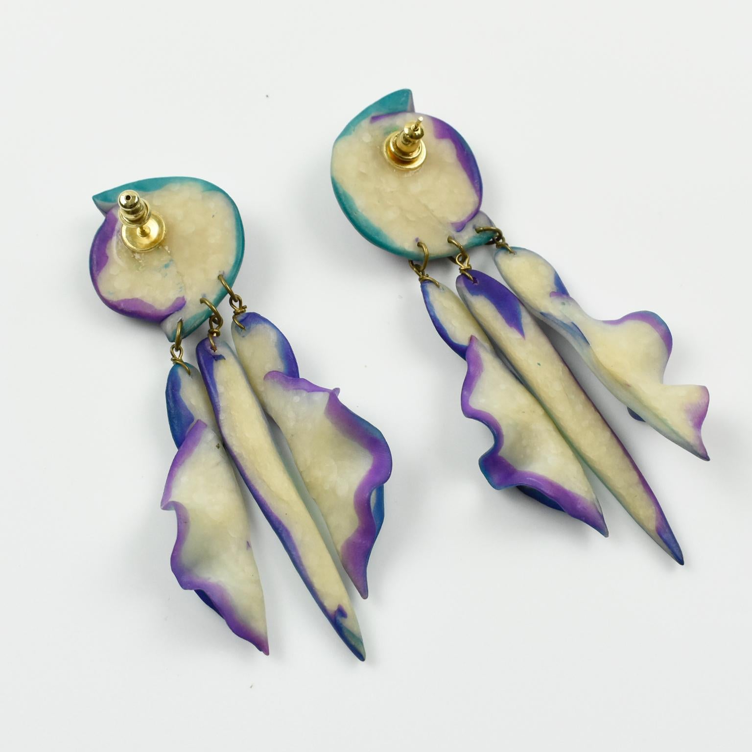 Modernist Futuristic Turquoise and Purple Resin Pierced Earrings For Sale