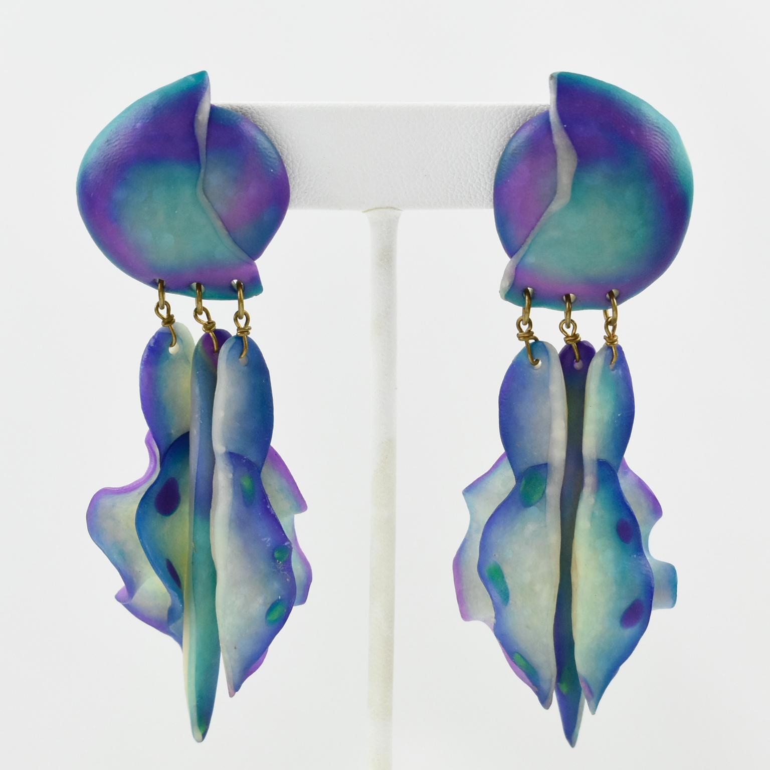Futuristic Turquoise and Purple Resin Pierced Earrings For Sale 1
