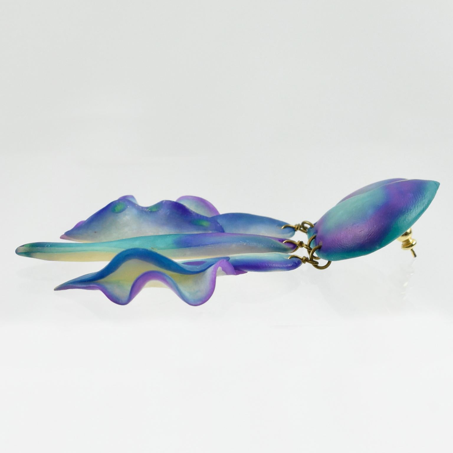 Futuristic Turquoise and Purple Resin Pierced Earrings For Sale 2