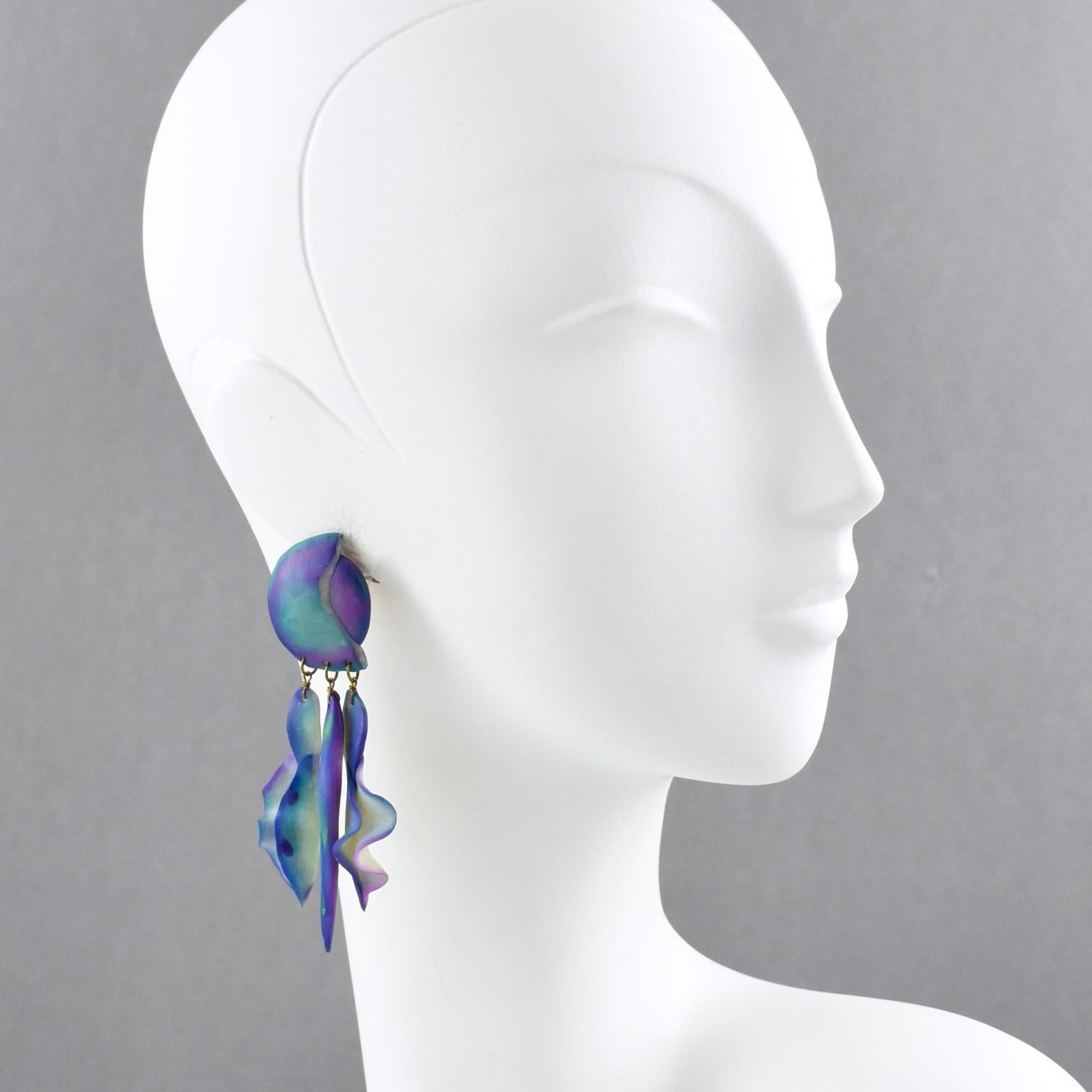 Futuristic Turquoise and Purple Resin Pierced Earrings For Sale 3