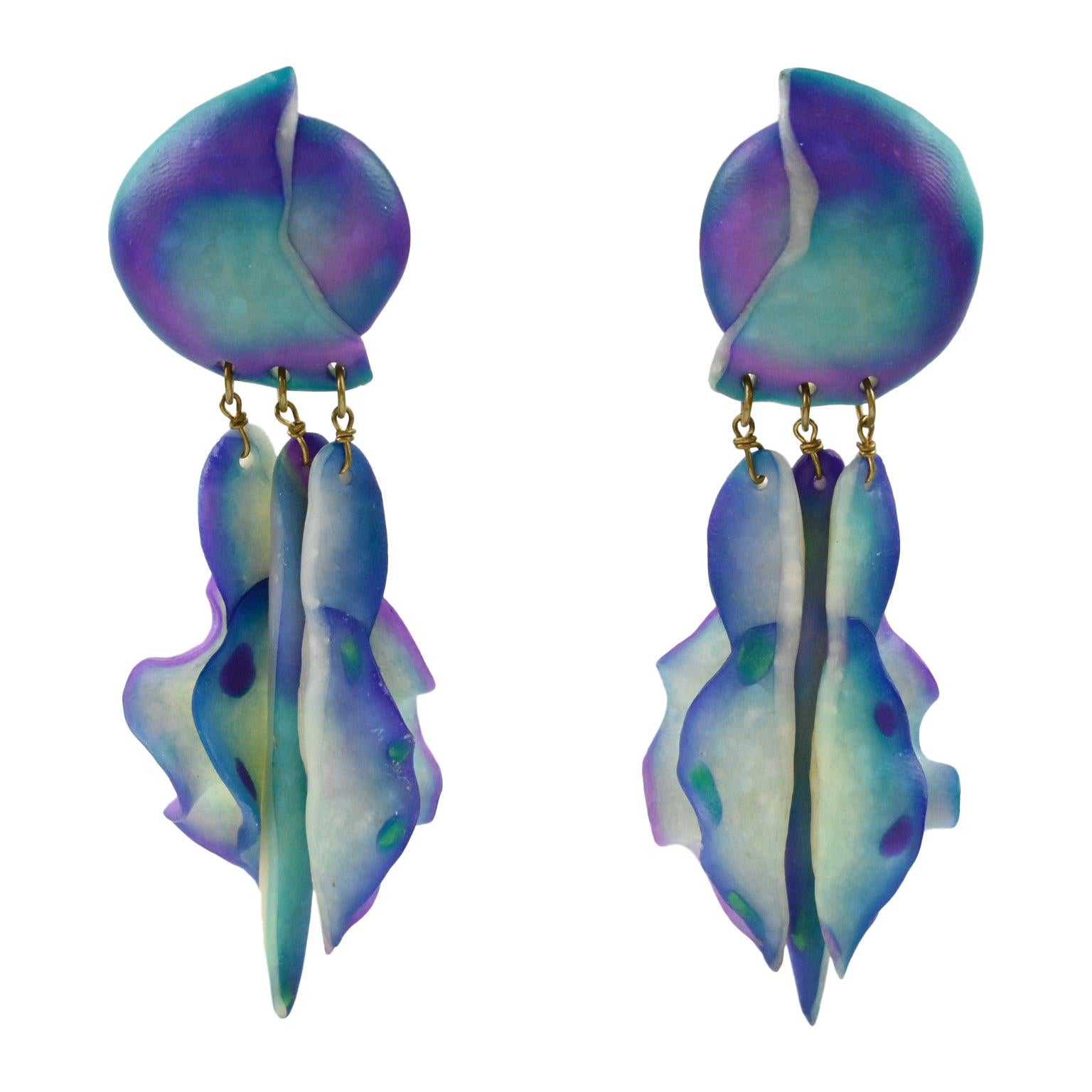 Futuristic Turquoise and Purple Resin Pierced Earrings For Sale