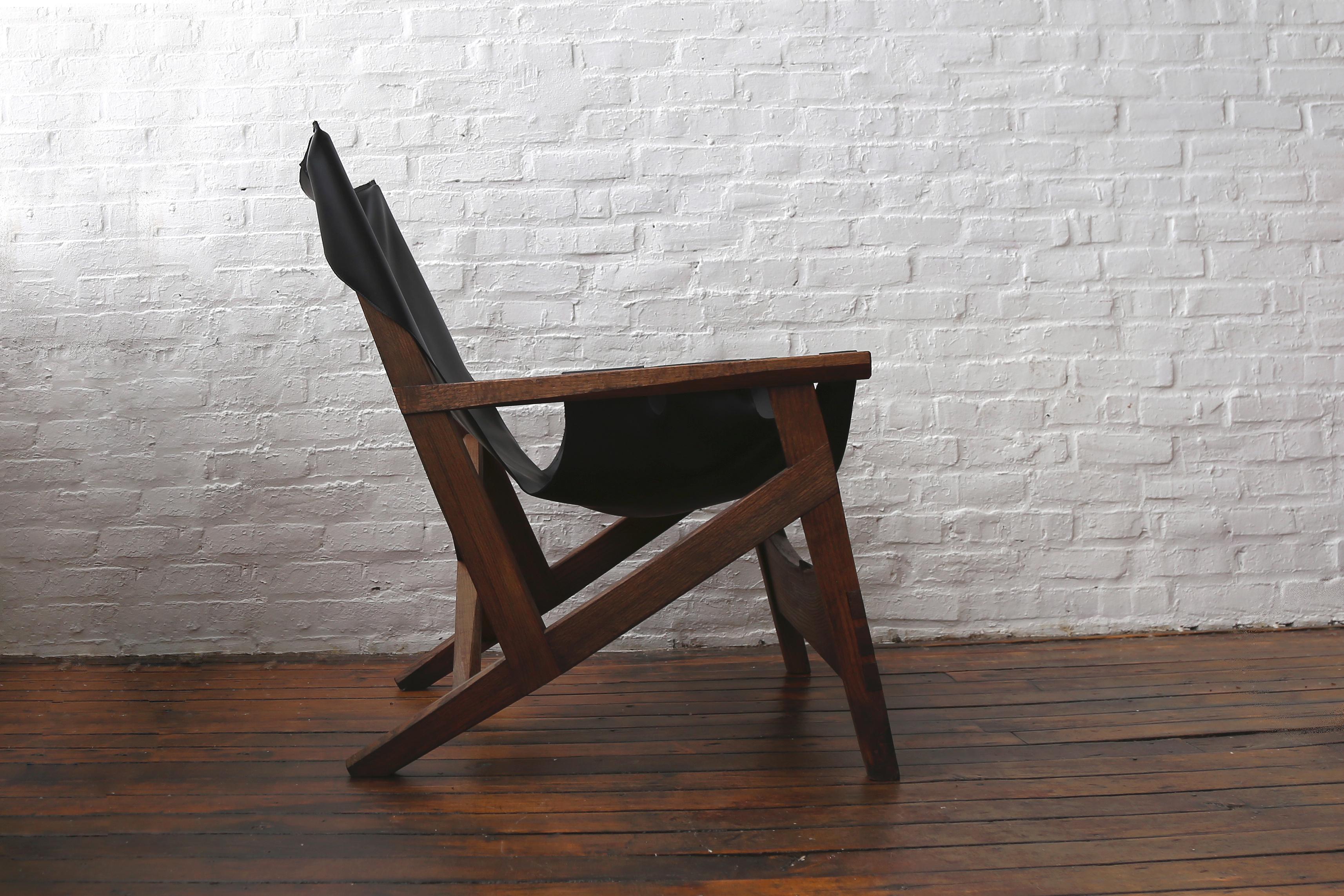 Fuugs Sling Chair Blackened Oak with Cactus Leather Sling In New Condition For Sale In Philadelphia, PA