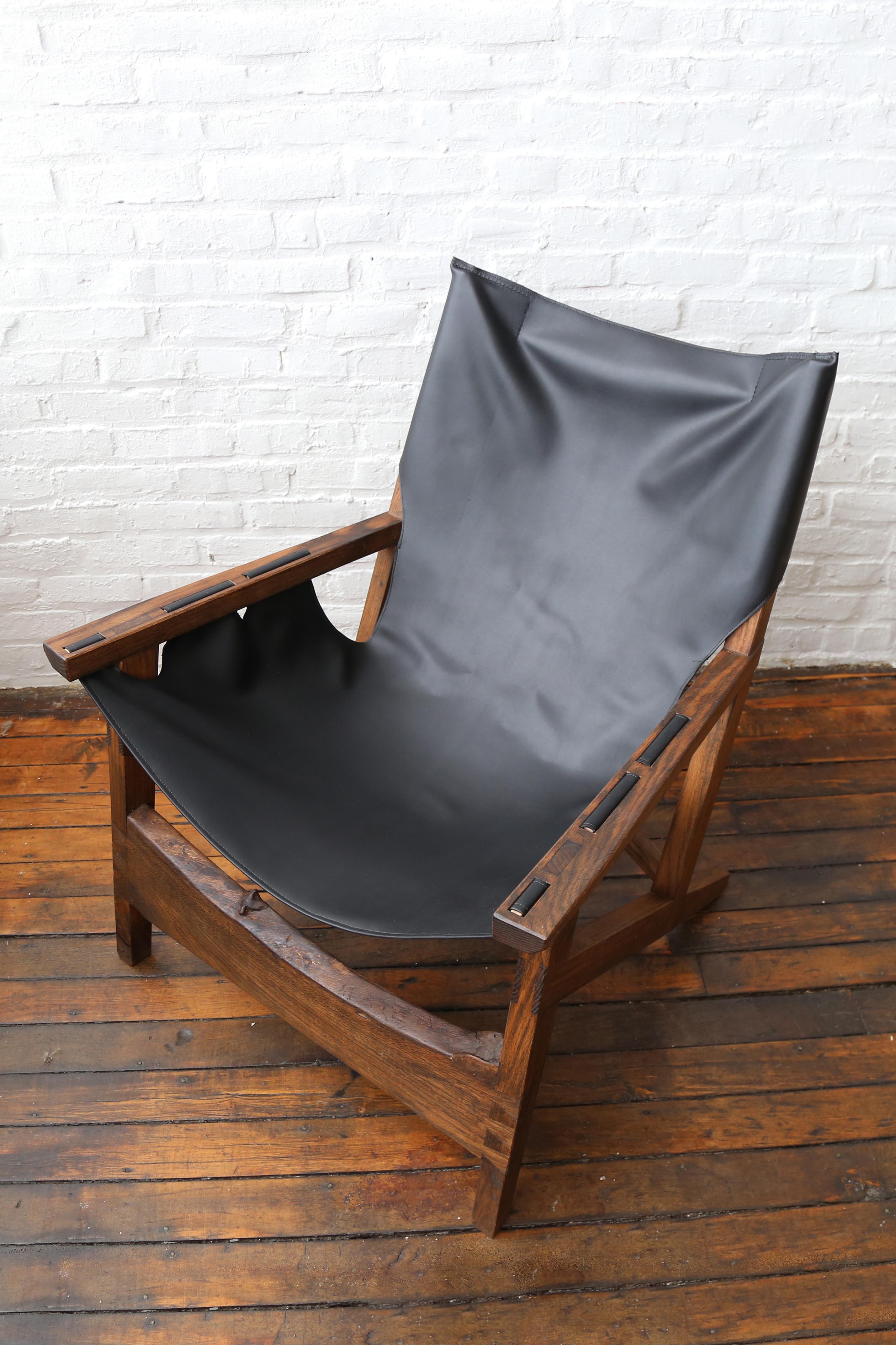 Fuugs Sling Chair Blackened Oak with Cactus Leather Sling For Sale 2