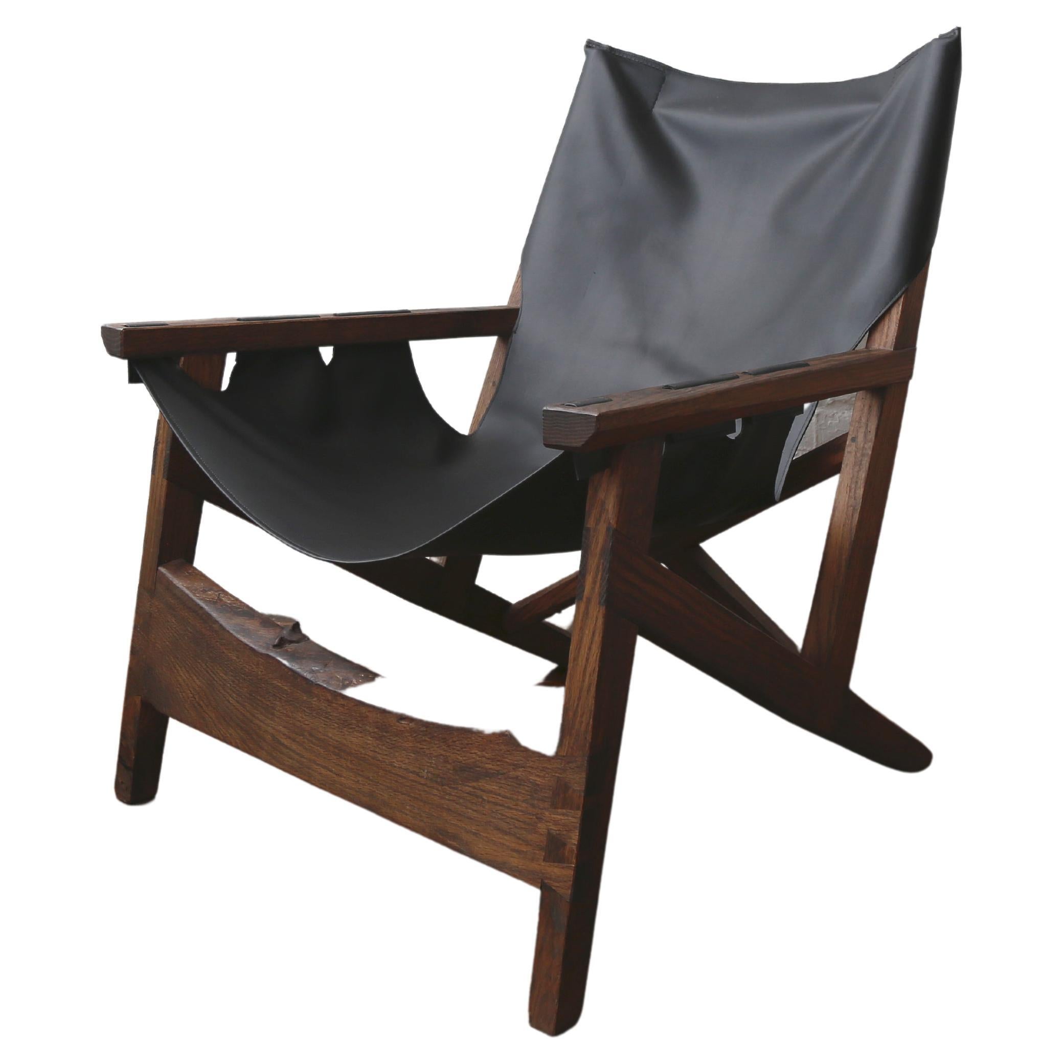 Fuugs Sling Chair Blackened Oak with Cactus Leather Sling For Sale