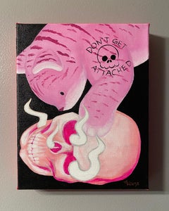 "Don't Get Attached", Pop Surrealism, Kitten, Skull, Pink, Acrylic Painting