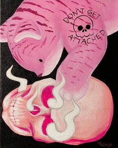 "Don't Get Attached", Pop Surrealism, Kitten, Skull, Pink, Acrylic Painting