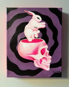 "Fuzzy Thoughts", Pop Surrealism, White Bunny, Skull, Pink, Acrylic Painting