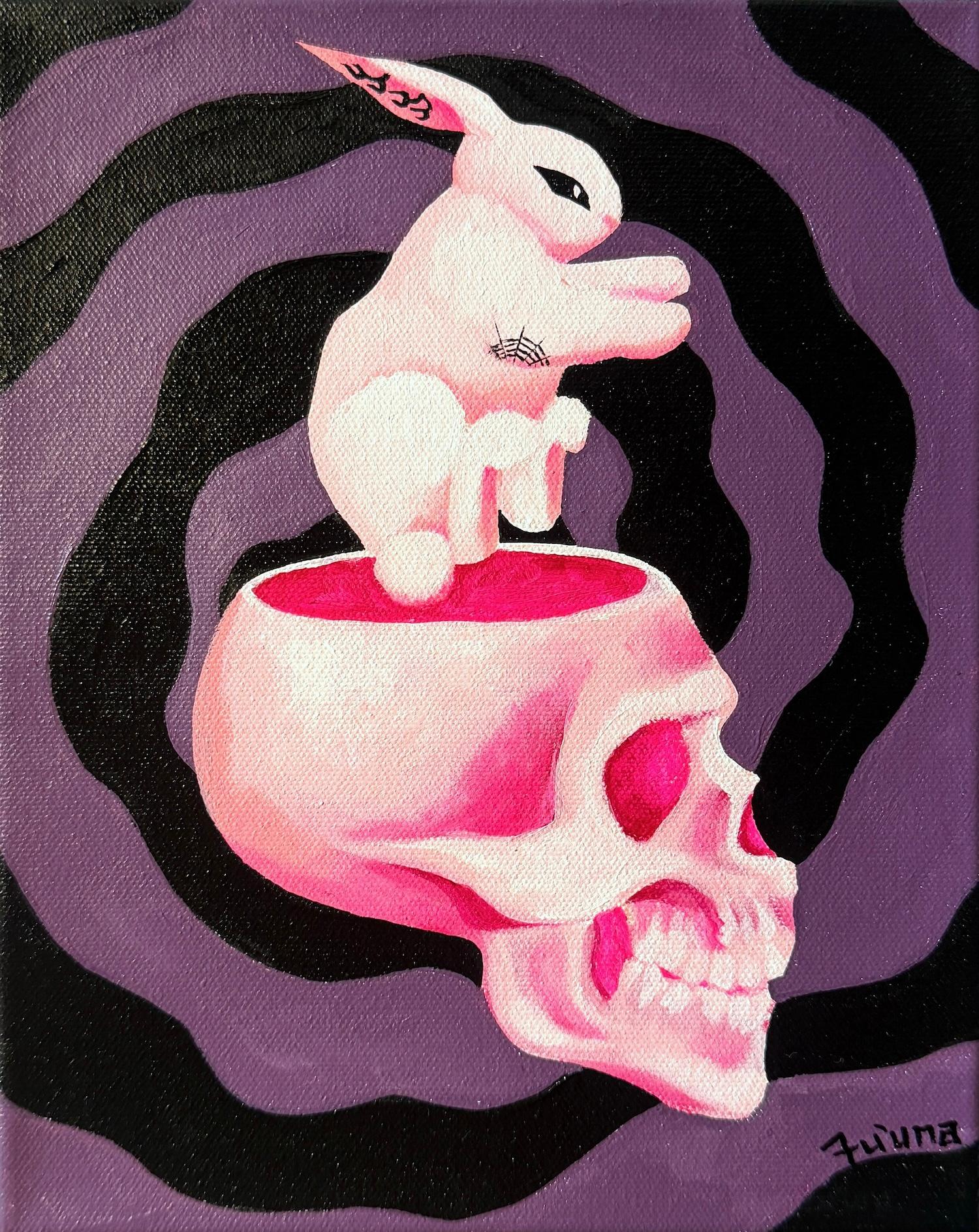"Fuzzy Thoughts", Pop Surrealism, White Bunny, Skull, Pink, Acrylic Painting