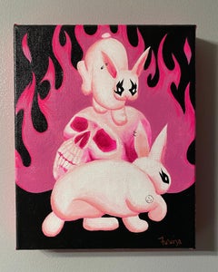"Inferno Bunnies", Pop Surrealism, Skull, Black, White, Pink, Acrylic Painting
