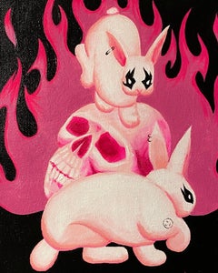 "Inferno Bunnies", Pop Surrealism, Skull, Black, White, Pink, Acrylic Painting