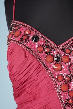 Fuxia evening gown with beads and sequins embroideries Miralina Couture