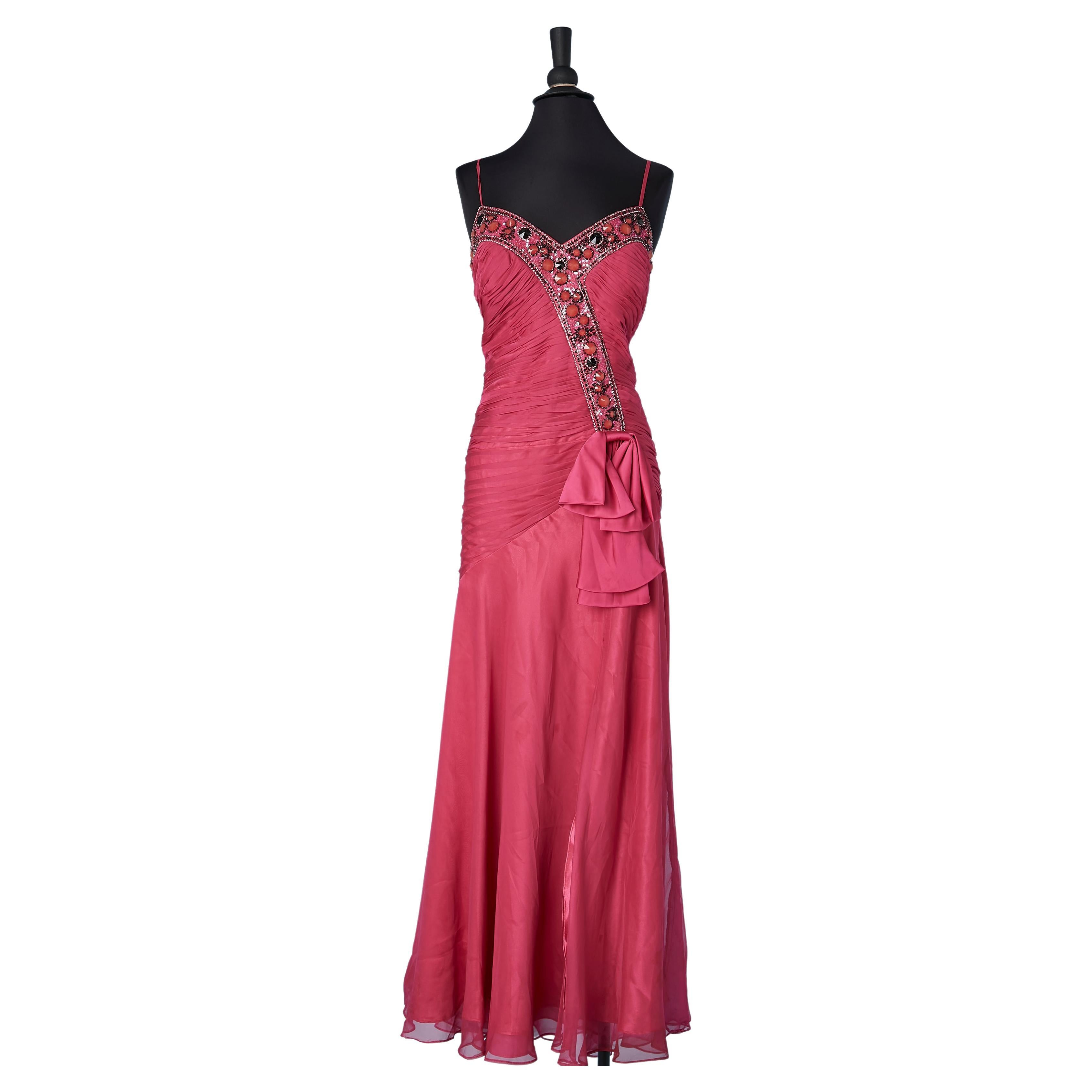 Fuxia evening gown with beads and sequins embroideries Miralina Couture  For Sale