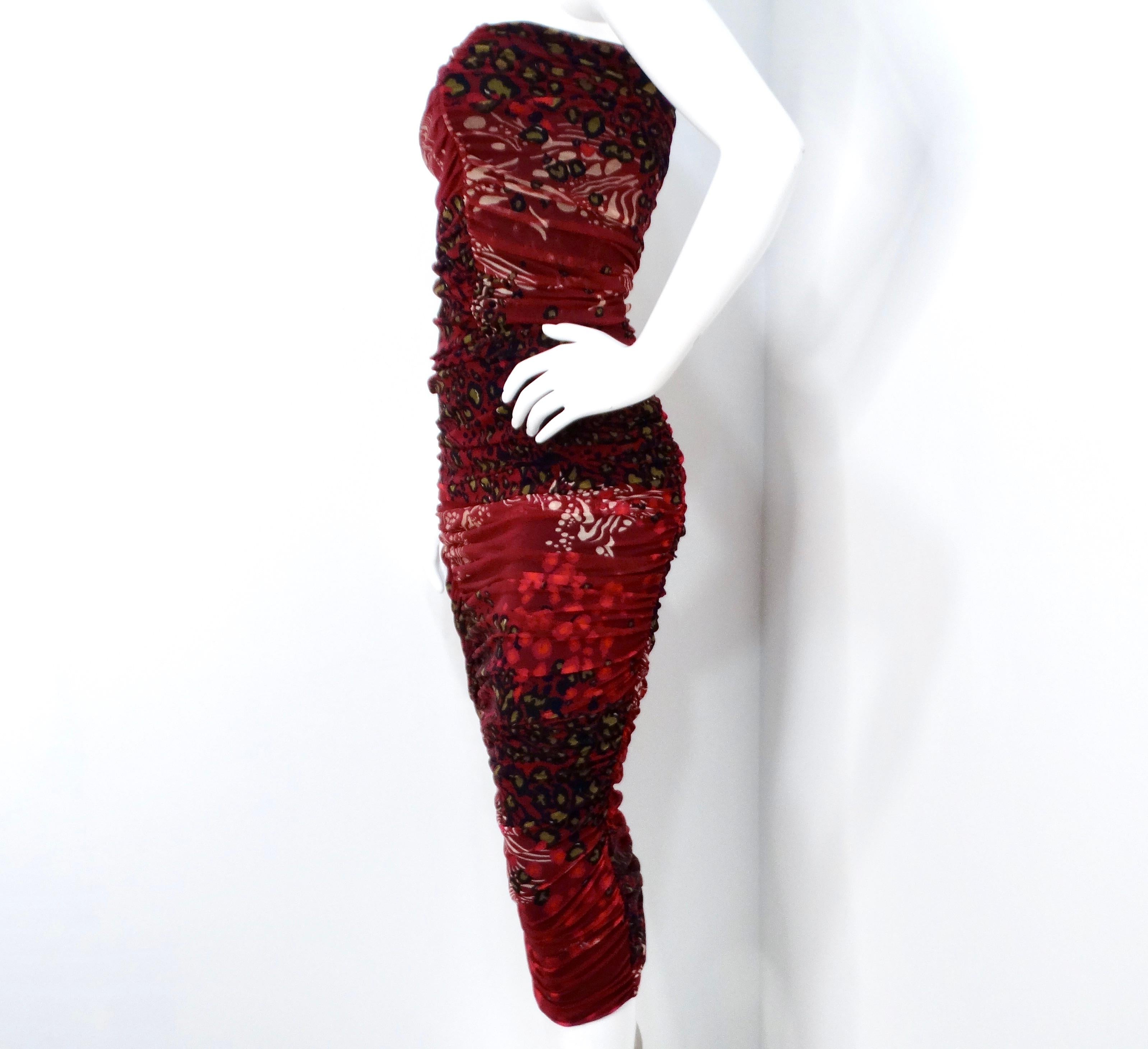 Black Fuzzi 1990s Burgundy Animal Print Mesh Strapless Midi Dress For Sale