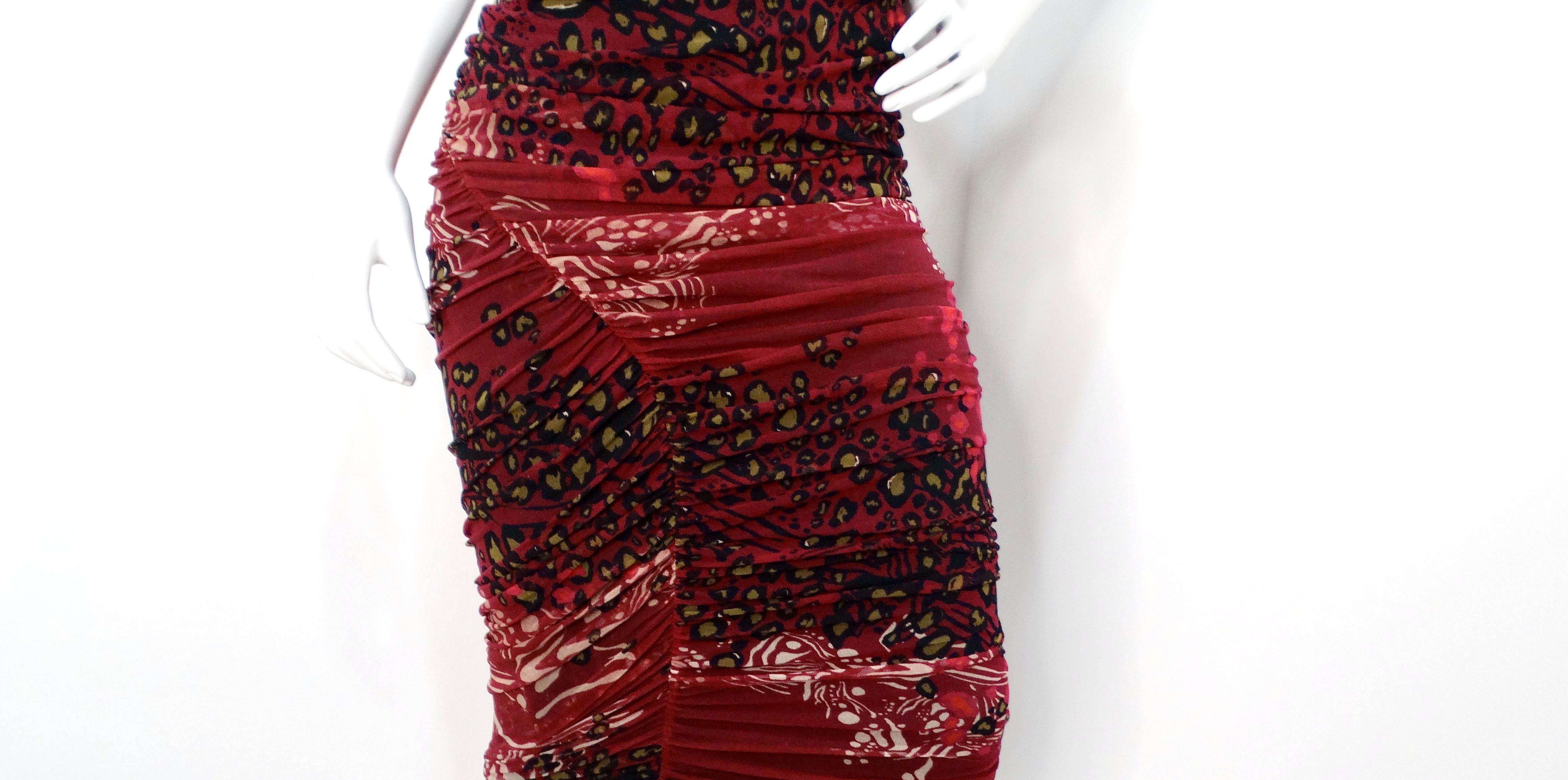 Fuzzi 1990s Burgundy Animal Print Mesh Strapless Midi Dress In Good Condition For Sale In Scottsdale, AZ