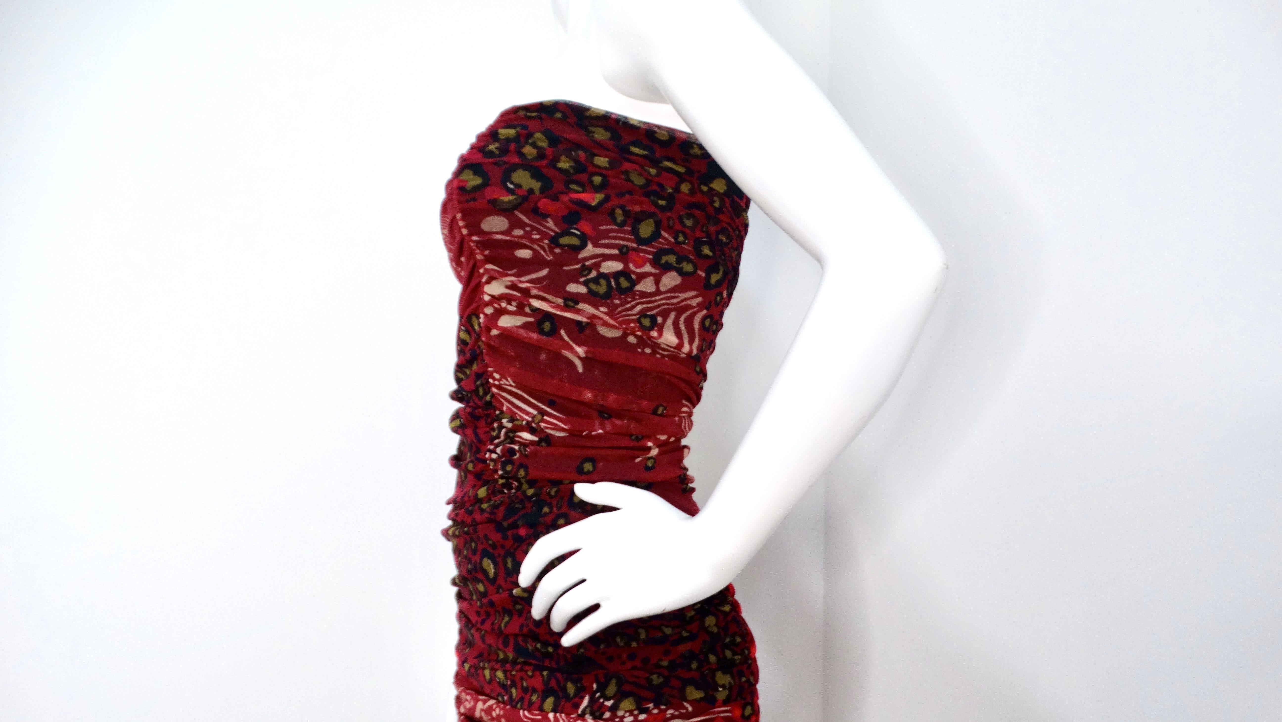 Women's Fuzzi 1990s Burgundy Animal Print Mesh Strapless Midi Dress For Sale