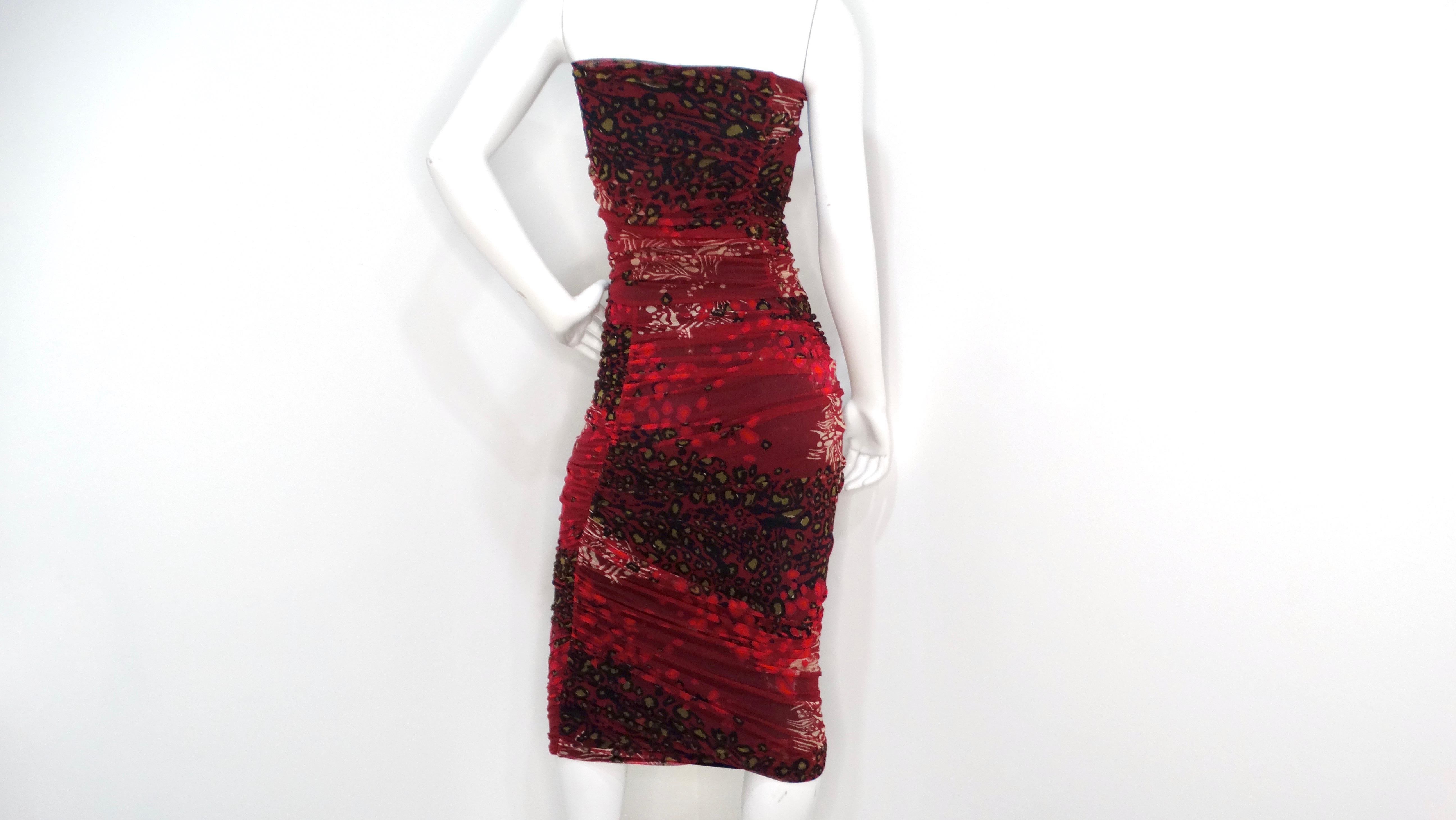 Fuzzi 1990s Burgundy Animal Print Mesh Strapless Midi Dress For Sale 1