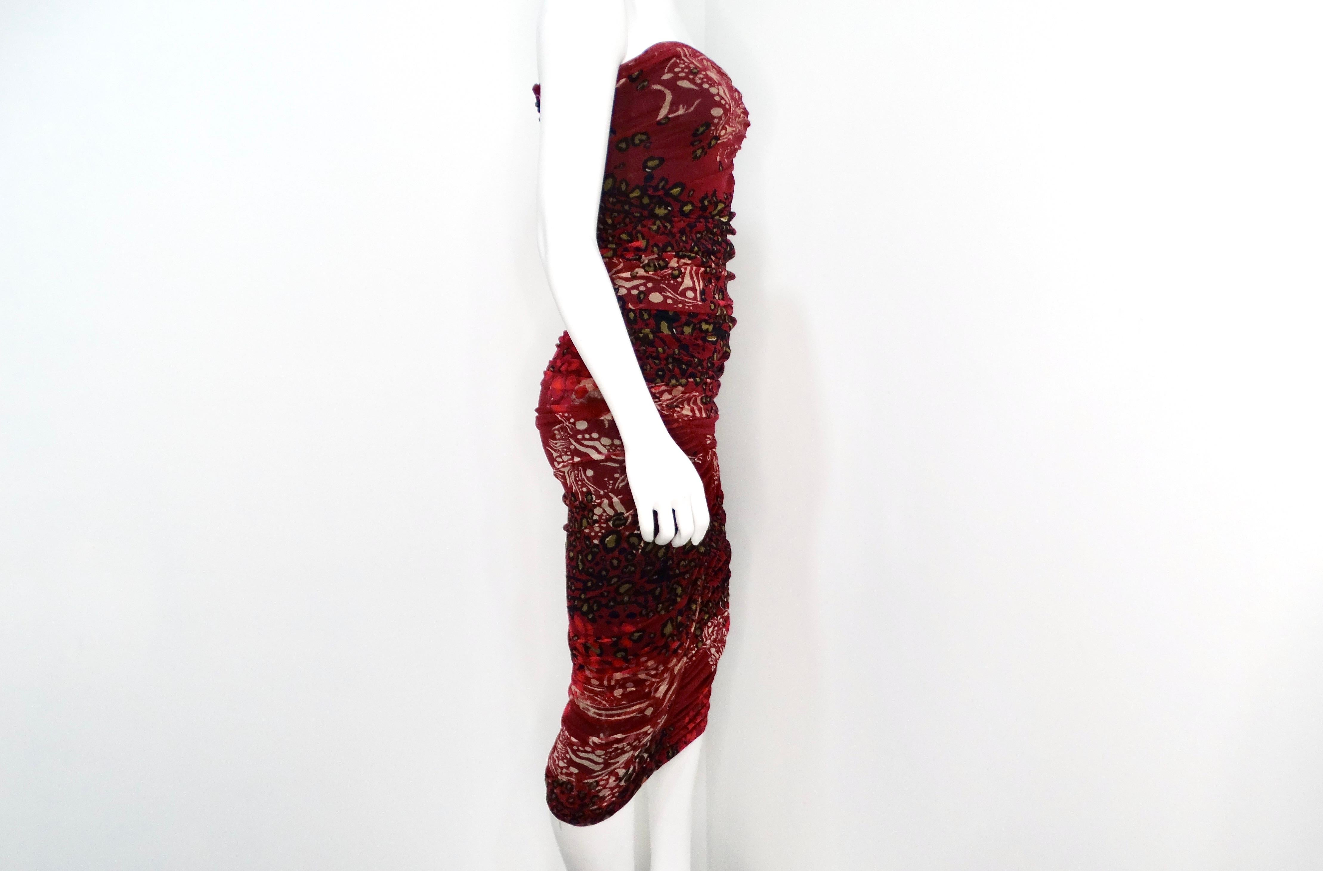 Fuzzi 1990s Burgundy Animal Print Mesh Strapless Midi Dress For Sale 2