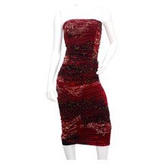 Retro Fuzzi 1990s Burgundy Animal Print Mesh Strapless Midi Dress