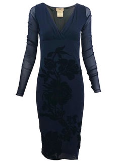 Fuzzi Navy Blue Navy Mesh Body-con Dress with Velvet Flower Flocking, Mid 1950s