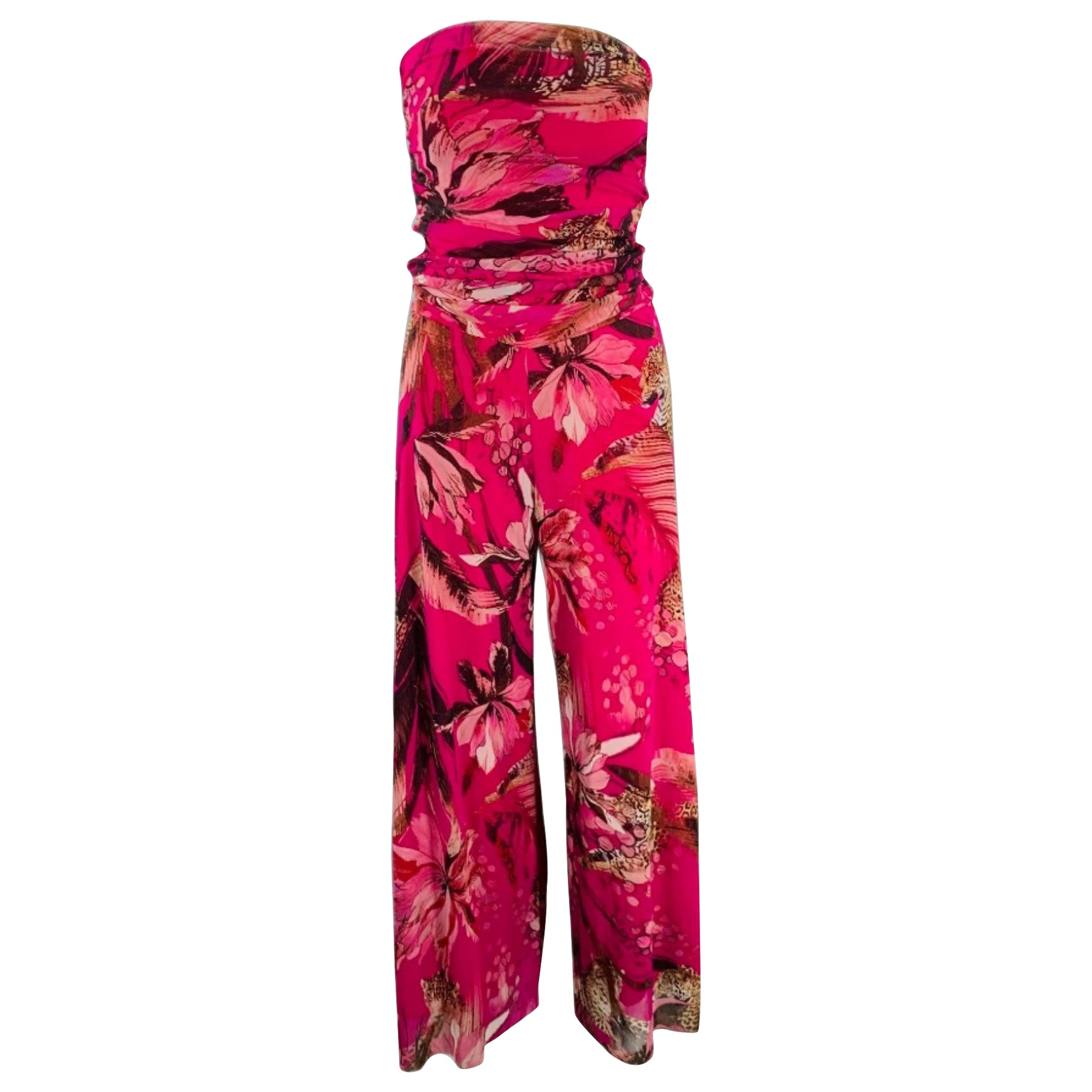 FUZZI Size M Pink Fuchsia Nylon Ruched Strapless Jumpsuit