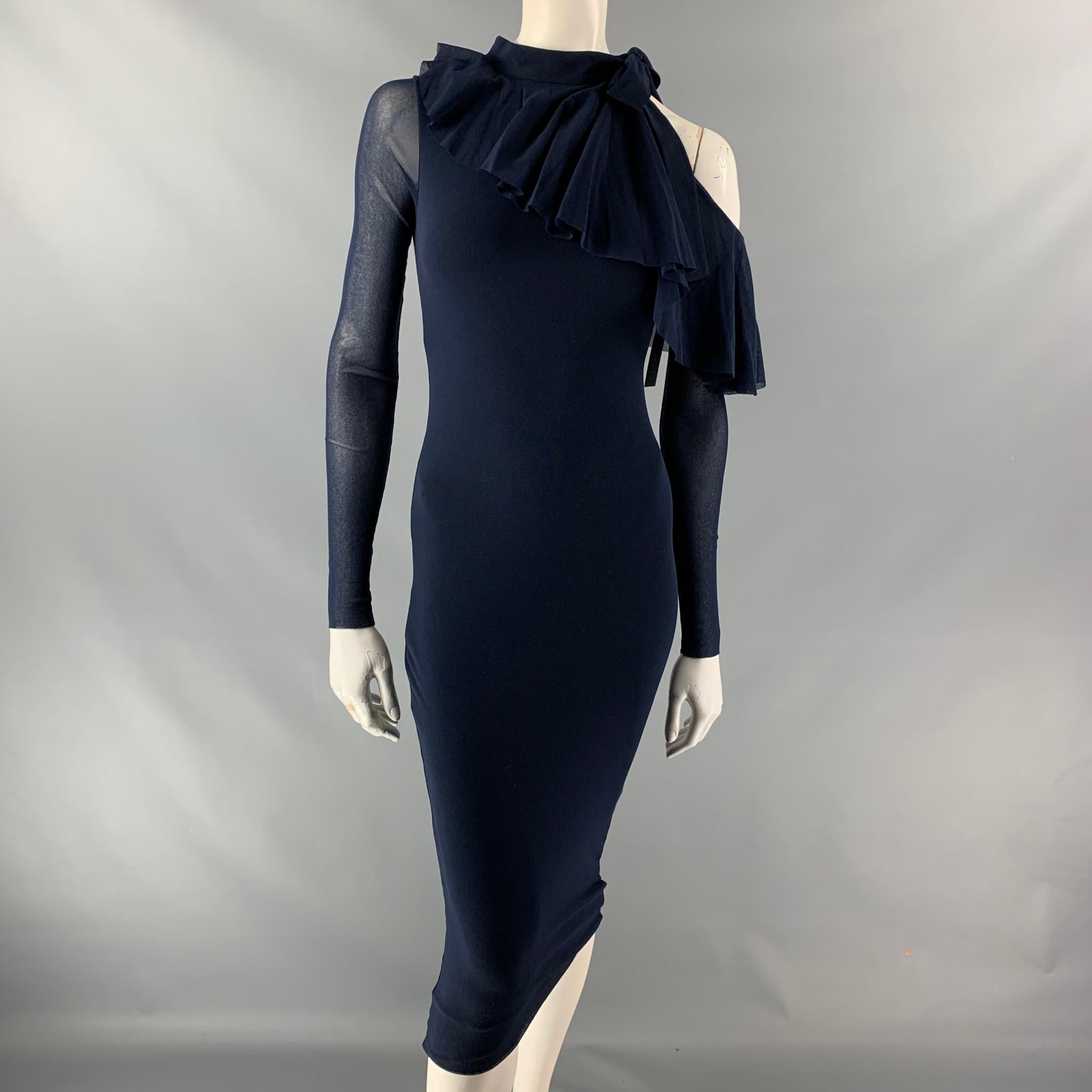 FUZZI asymmetric long sleeve dress comes in navy polyamide featuring an asymmetric ruffled detail at left sleeve. Made in Italy.

New With Tags.
Marked: XS.

Measurements:

Bust: 28 in
Waist: 26 in
Hip: 28 in
Length: 44 in

 