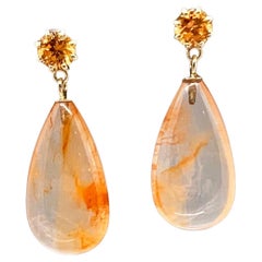 Fuzzy rutile-included quartz, spessartite garnet, and 14k gold drop earrings