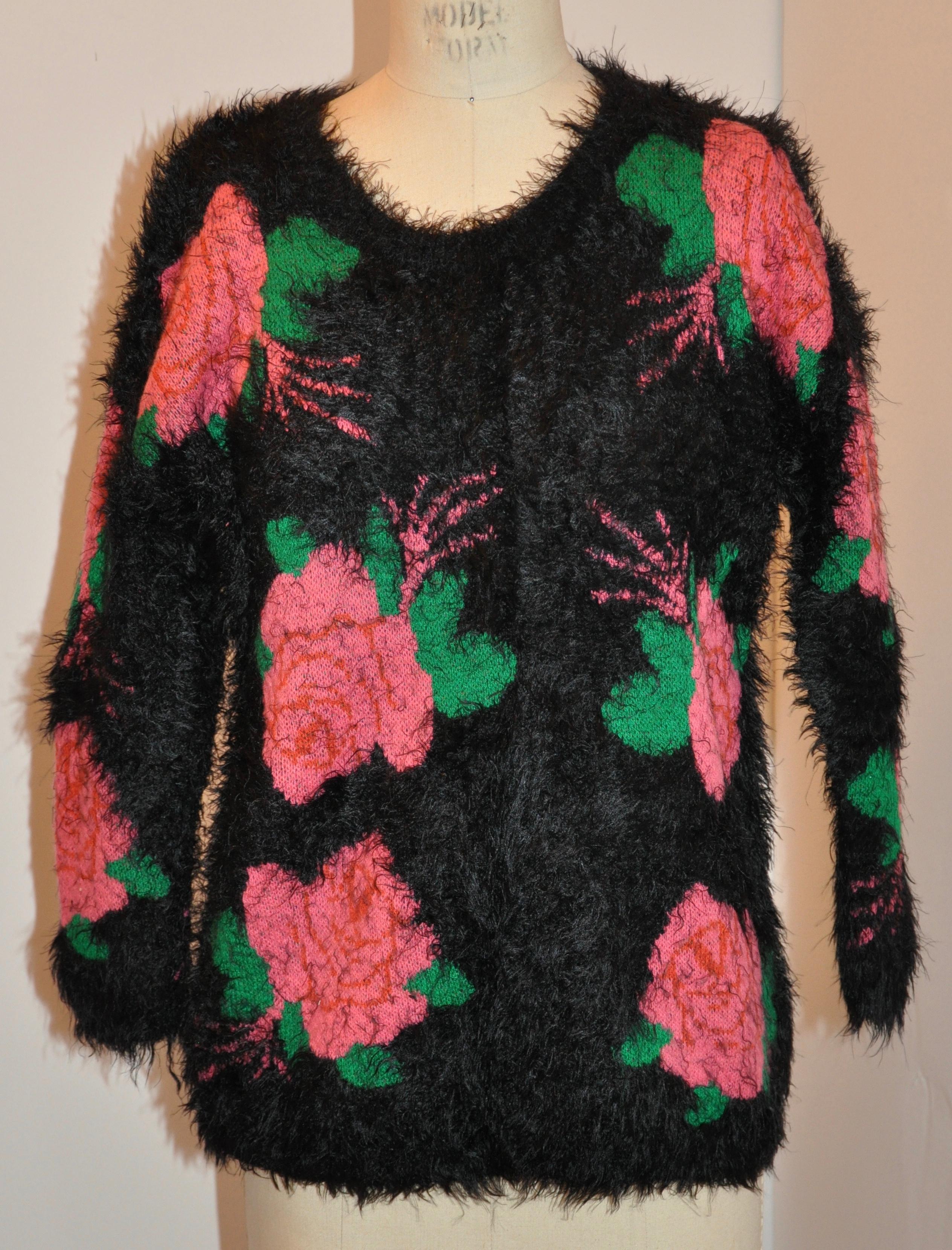This wonderfully soft and fuzzy and whimsical pullover sweater from Italy in black is accented with bold florals. Measurements taken at 