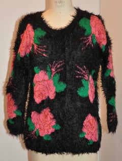 Fuzzy Soft Crewneck Black with Bold Floral Pullover Sweater