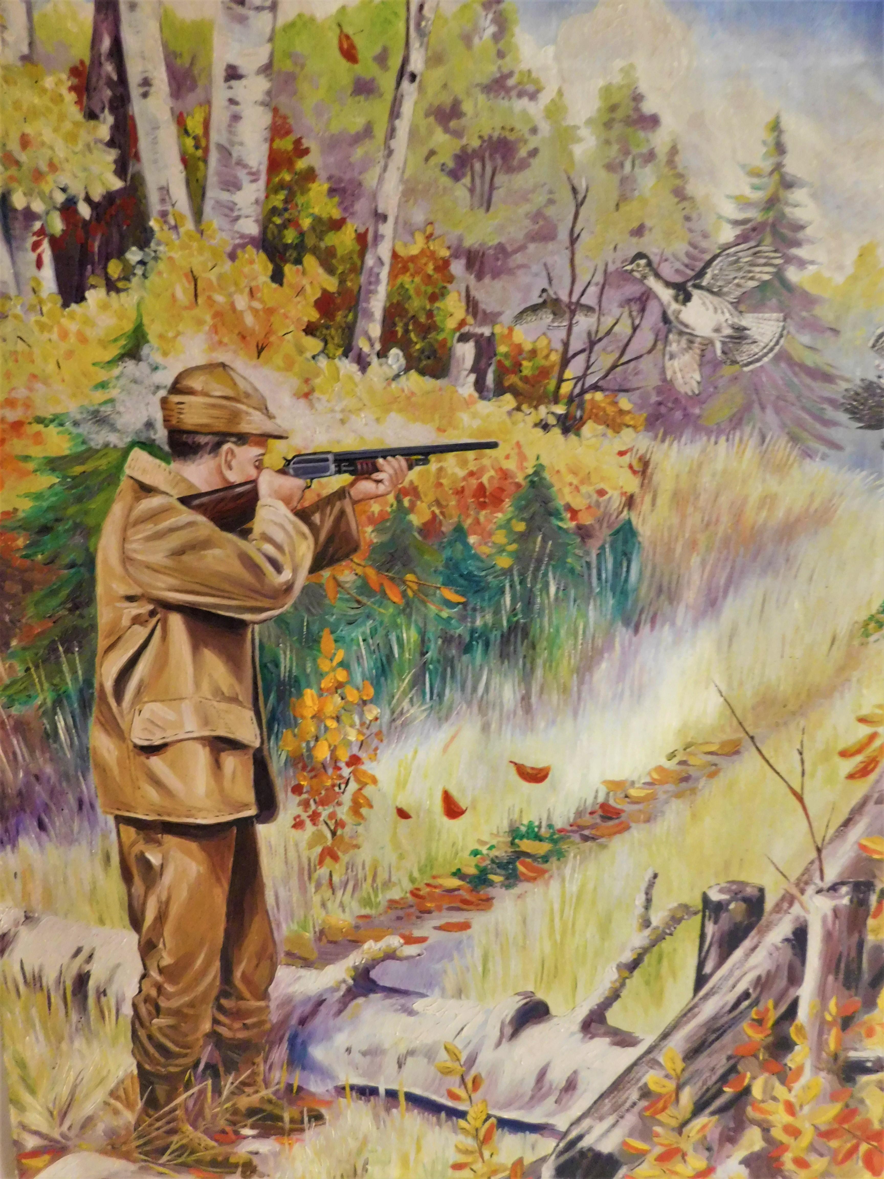 F.V. Williams Oil on Canvas Pheasant Hunting Painting In Good Condition For Sale In Hamilton, Ontario