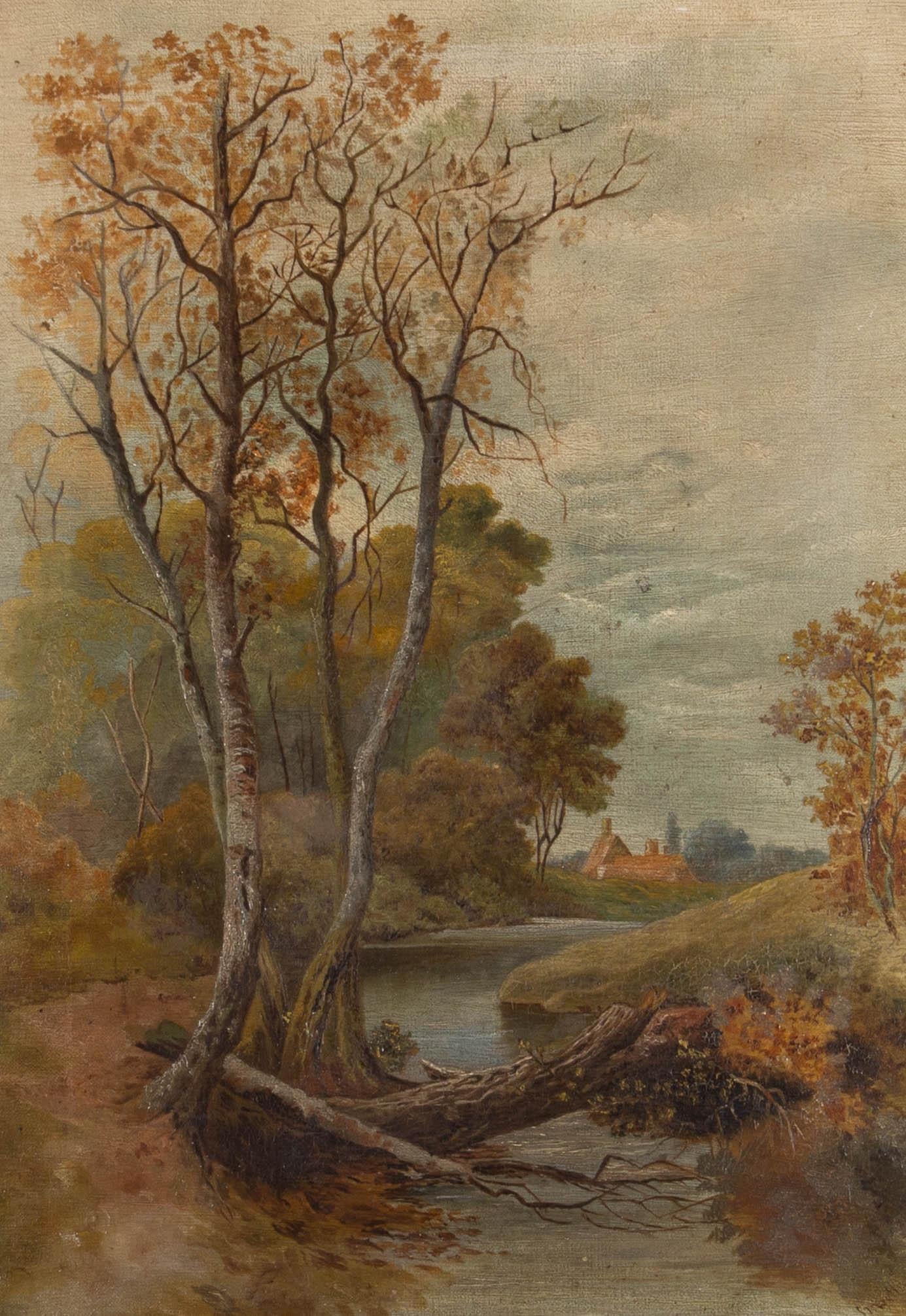F.V.S. - 1909 Öl, Landschaftsansicht aus der ländlichen Landschaft mit Fluss im Angebot 1