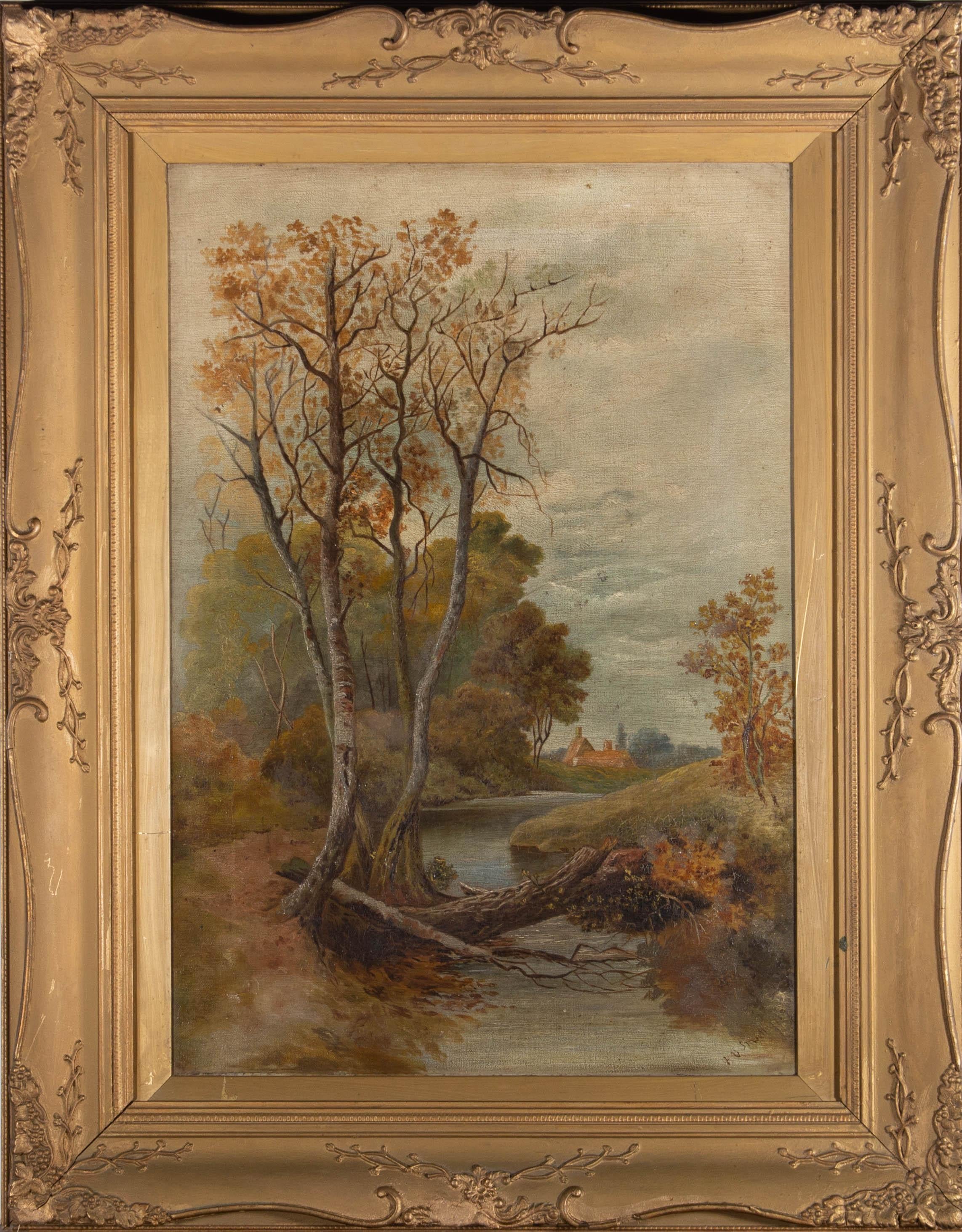 Ein charmantes Ölgemälde, das eine ländliche Landschaftsszene mit einem Fluss und einer Hütte in der Ferne zeigt. Undeutlich signiert und in der rechten unteren Ecke datiert "09". Präsentiert in einem vergoldeten Slip und in einem verzierten,