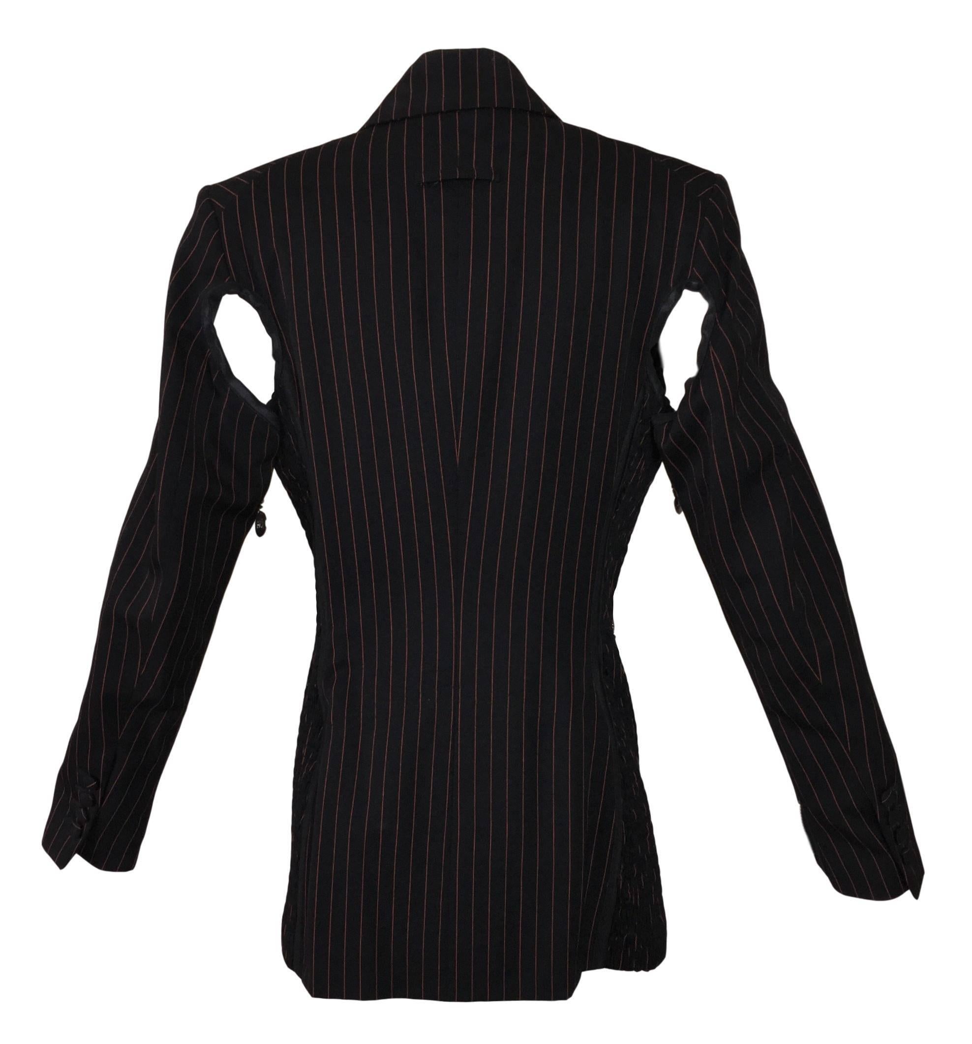 Black F/W 1989 Jean Paul Gaultier Pinstripe Zipper Cut-out Blazer Jacket Dress