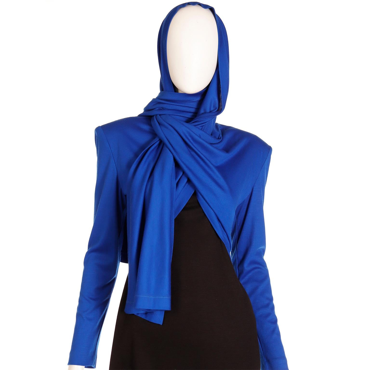FW 1989 Patrick Kelly Runway Dress in Blue & Black Knit with Head Scarf  For Sale 11