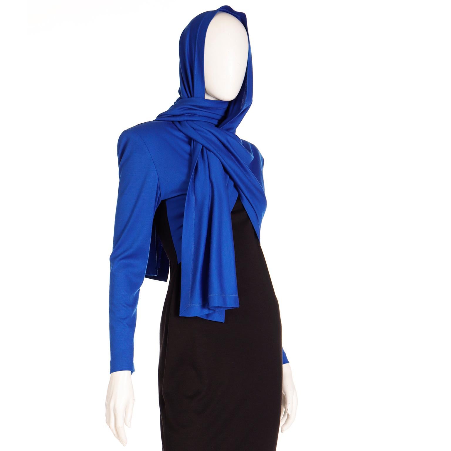 FW 1989 Patrick Kelly Runway Dress in Blue & Black Knit with Head Scarf  For Sale 13