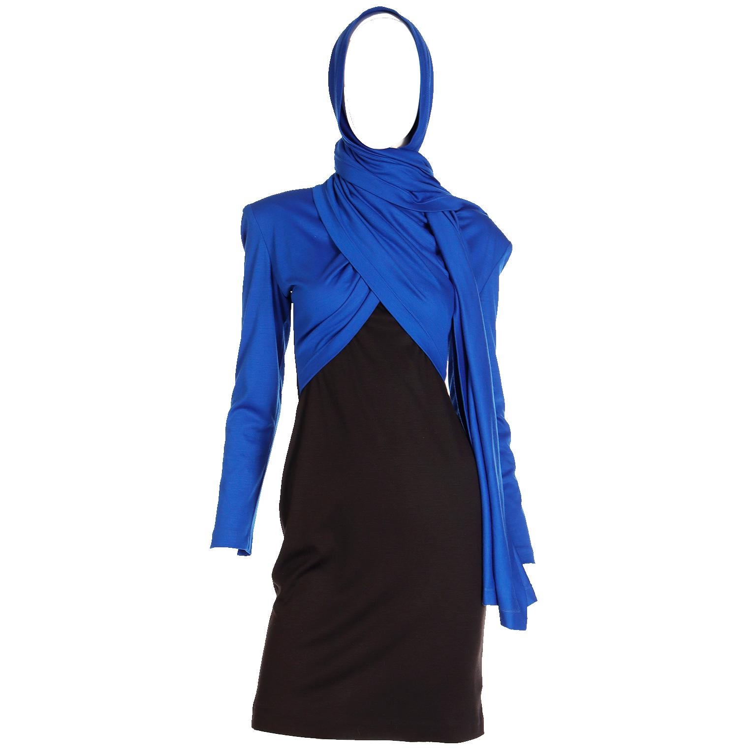 FW 1989 Patrick Kelly Runway Dress in Blue & Black Knit with Head Scarf  For Sale 14