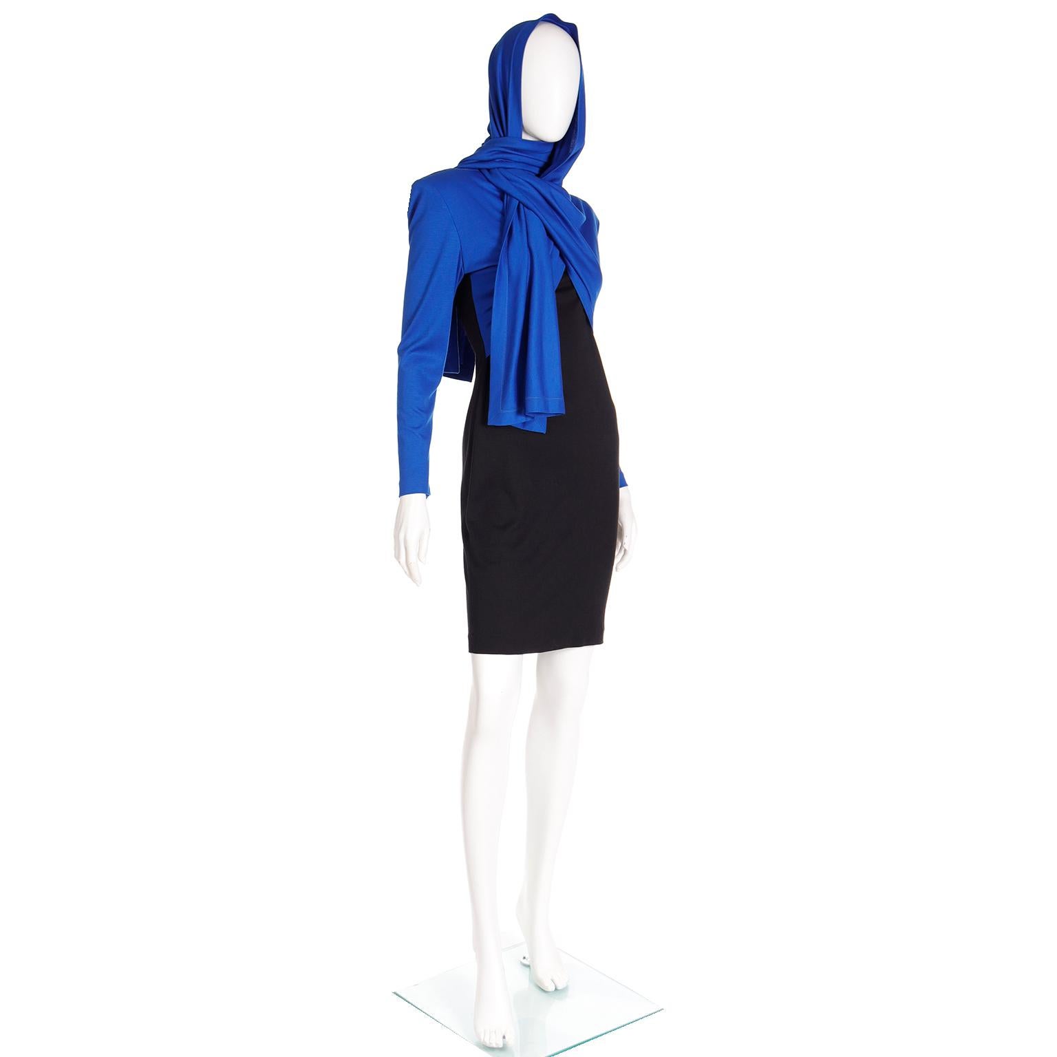 FW 1989 Patrick Kelly Runway Dress in Blue & Black Knit with Head Scarf  For Sale 1
