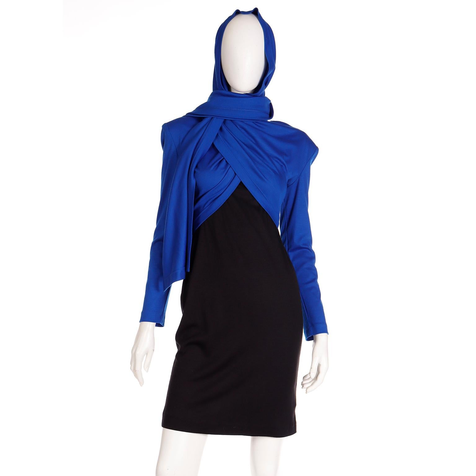 FW 1989 Patrick Kelly Runway Dress in Blue & Black Knit with Head Scarf  For Sale 5