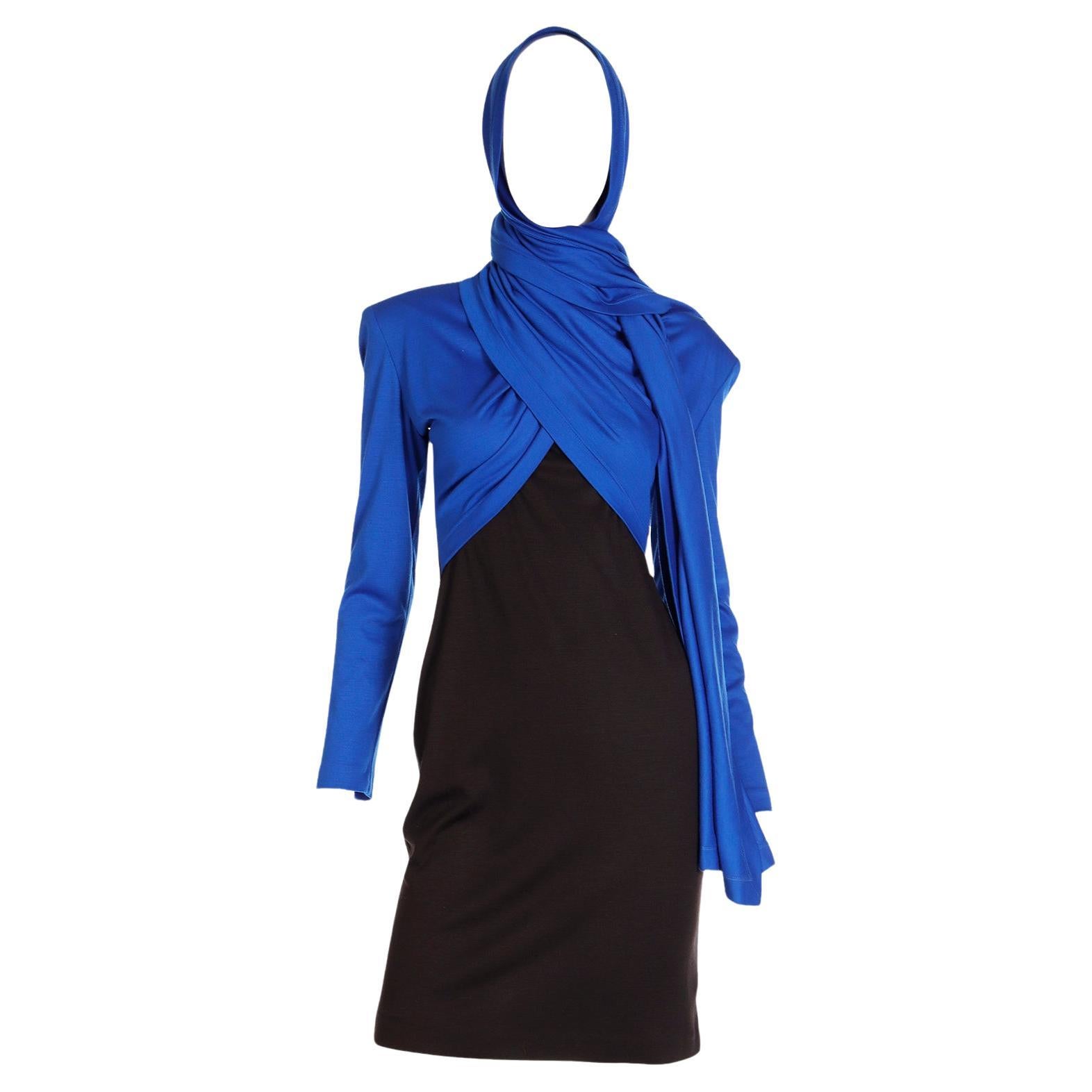 FW 1989 Patrick Kelly Runway Dress in Blue & Black Knit with Head Scarf  For Sale