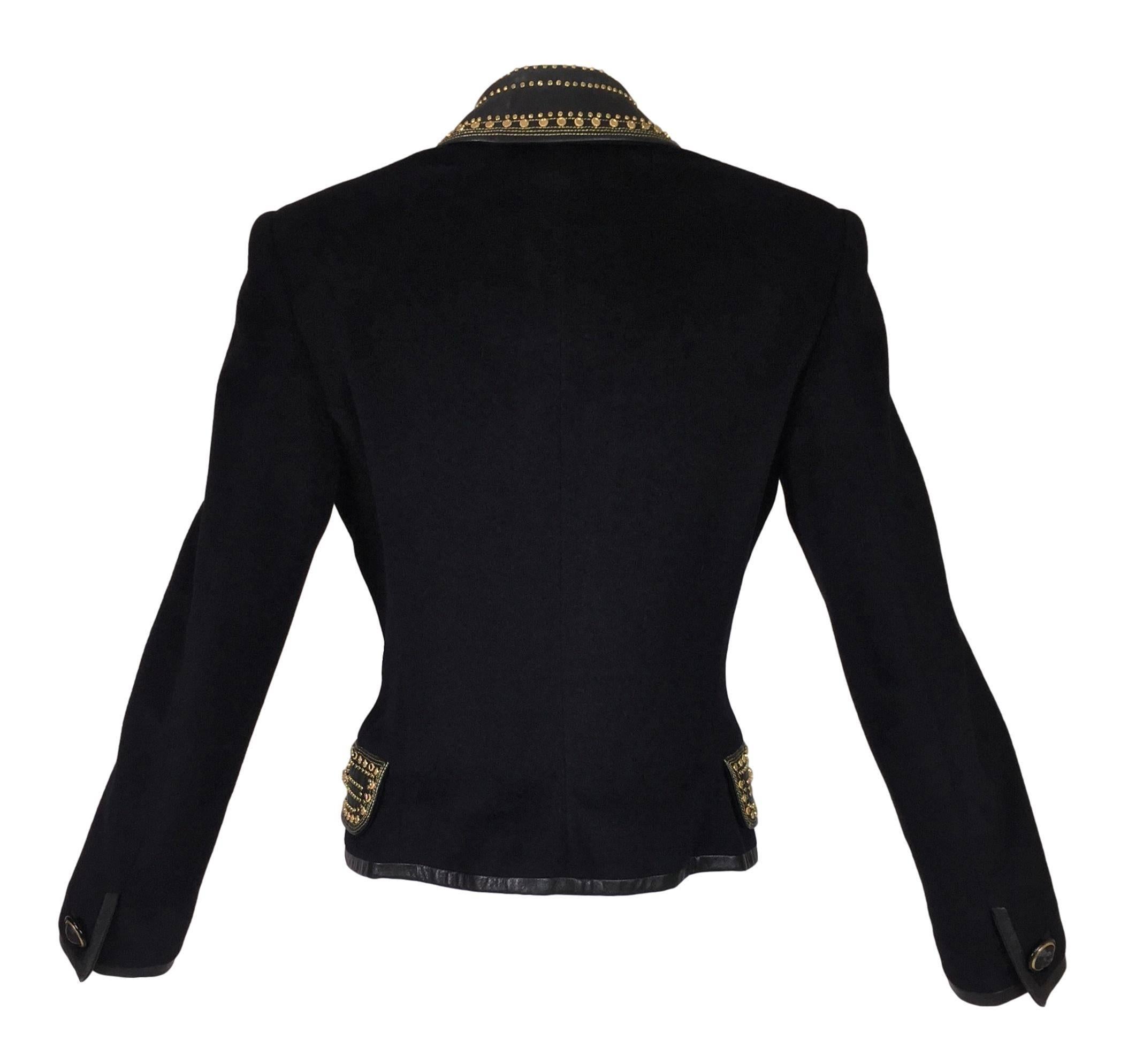Women's F/W 1992 Gianni Versace Couture Studded Bondage Black Fitted Wool Jacket 40