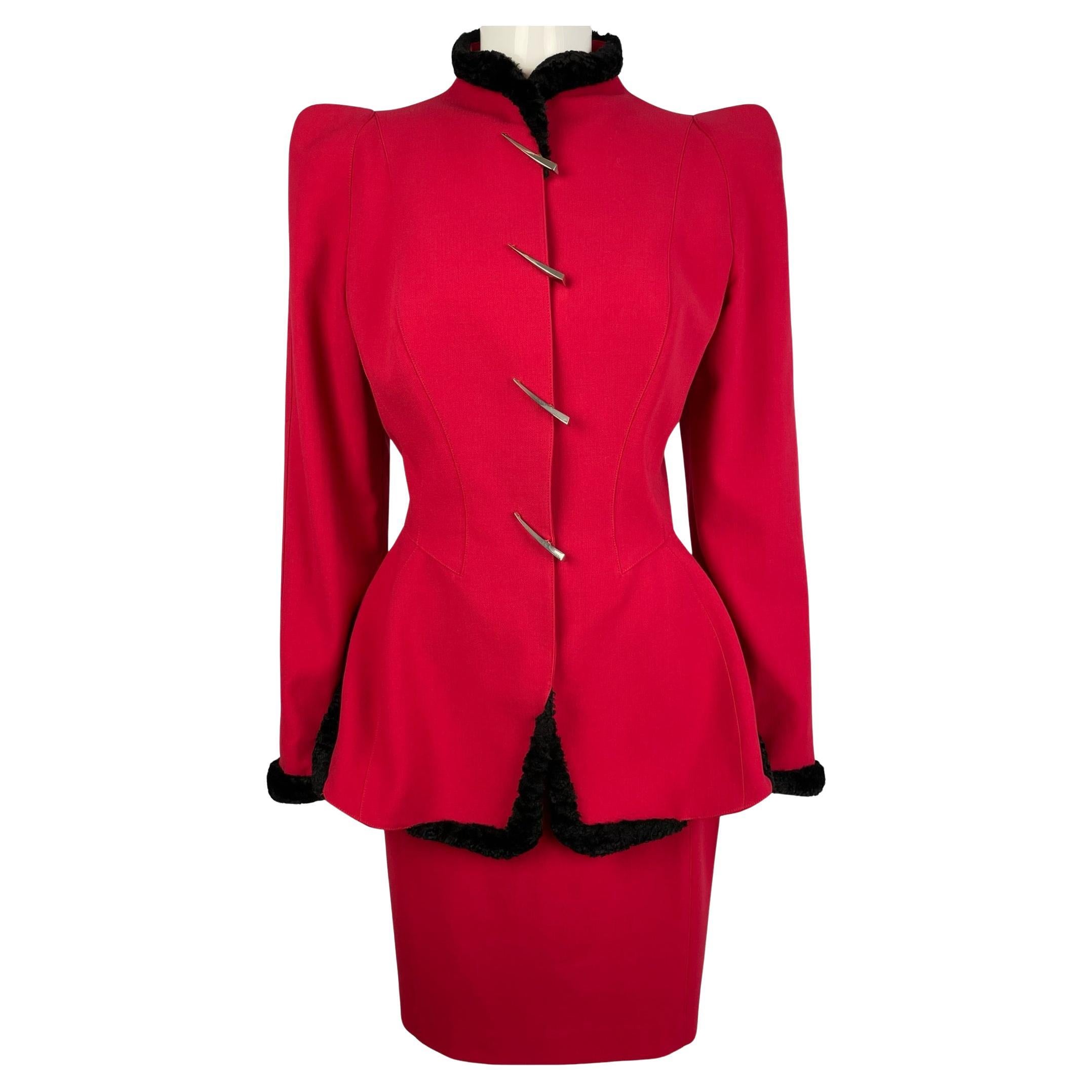 FW 1995 Red Pagoda Shoulders Thierry Mugler Skirt Suit For Sale