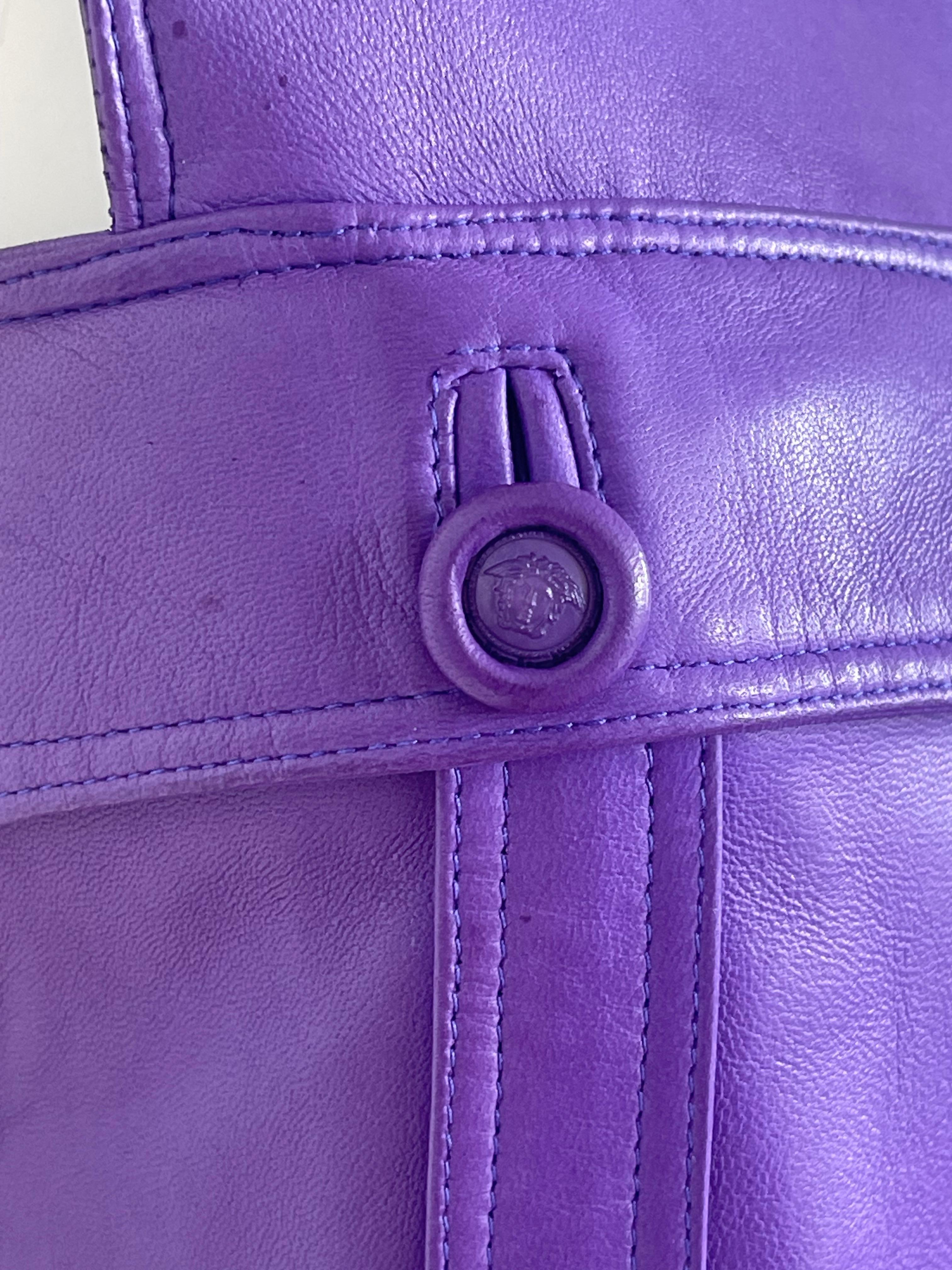 Men's FW 1996 Versace purple leather shift dress with medusa buttons