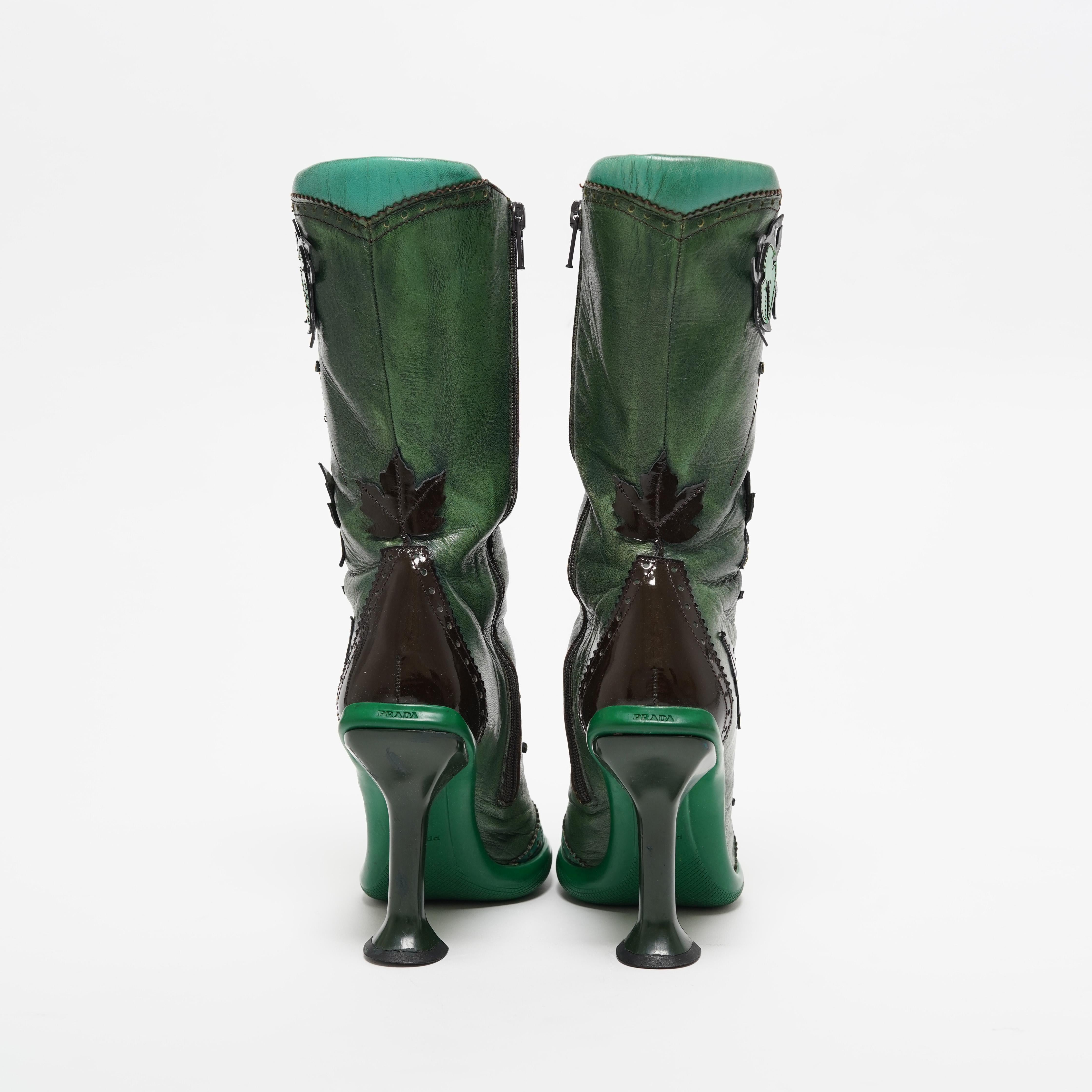 Black FW 1999 Prada Sculptural Heels Leaf and Petal Appliqué Runway boots For Sale