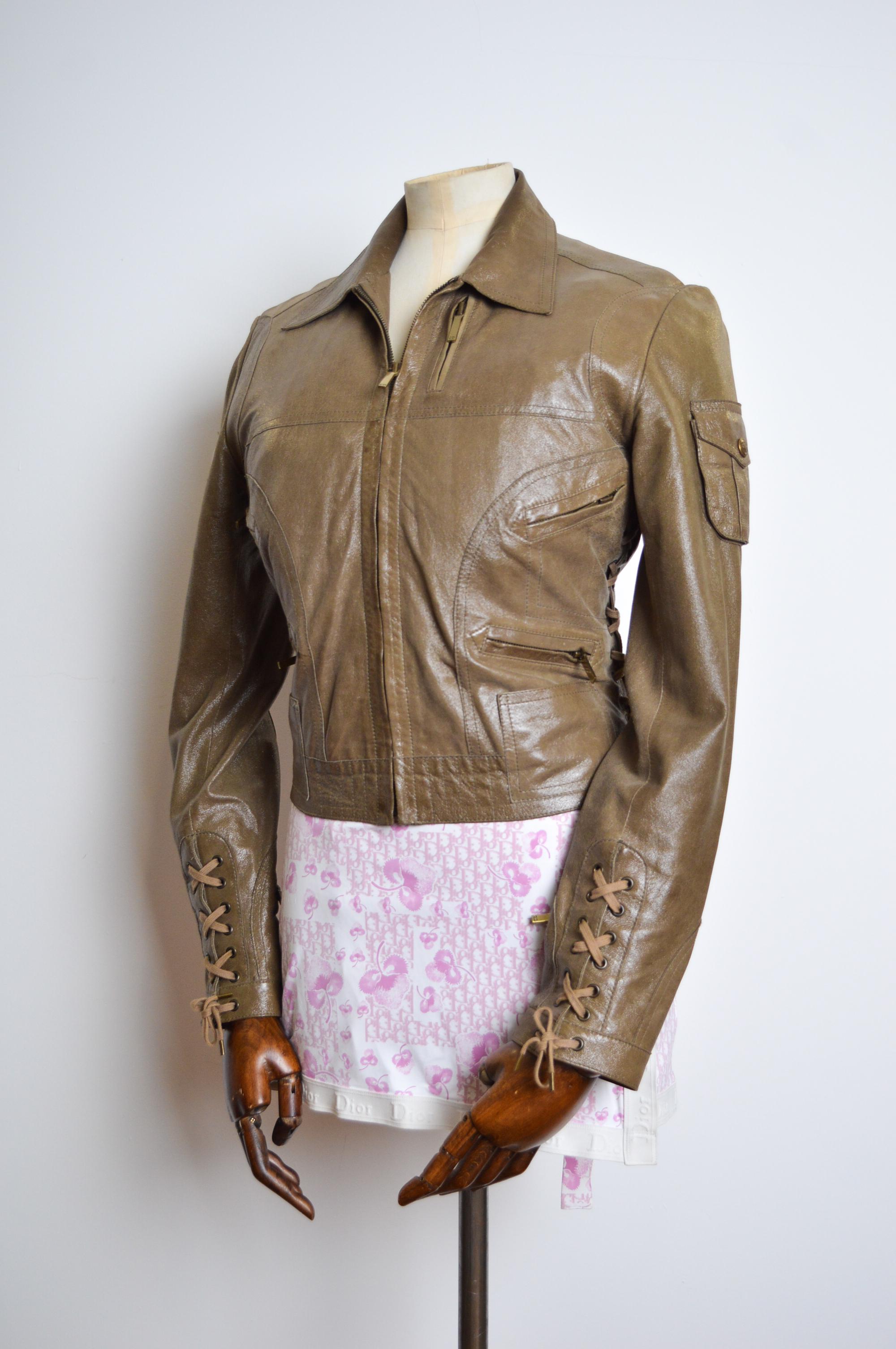 FW 2002 Christian Dior Y2k Galliano Admit it Green Khaki Lace up Leather Jacket For Sale 8